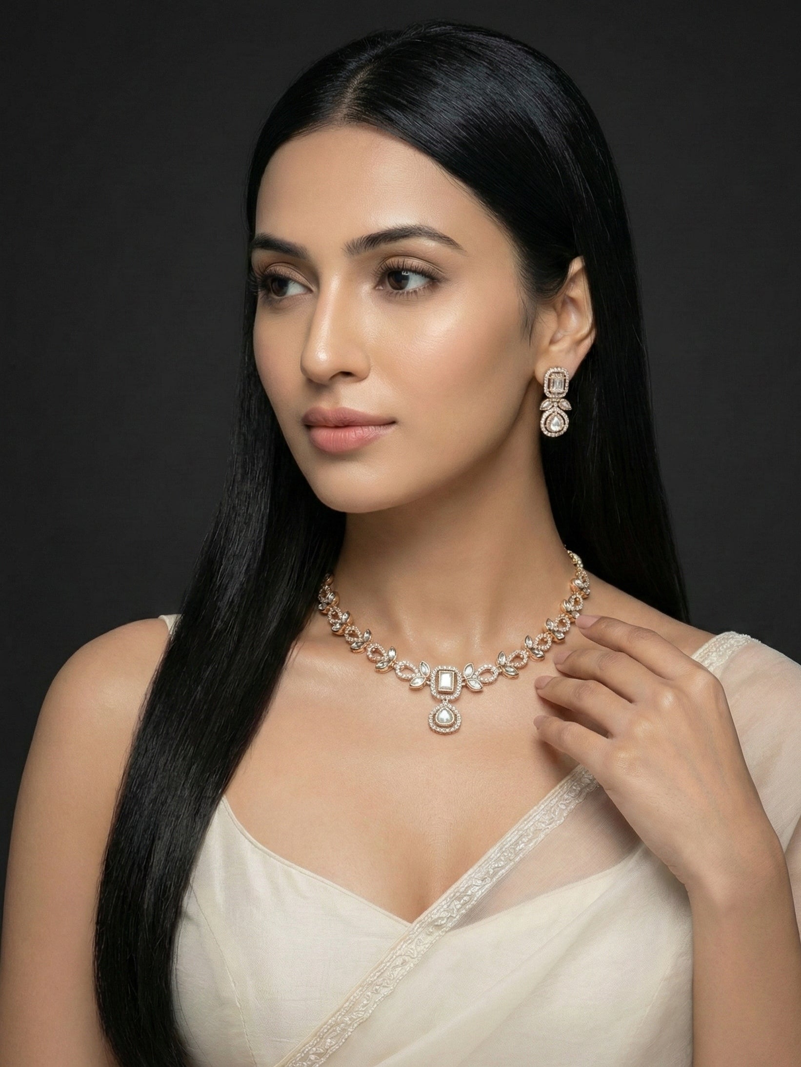 Rose Gold Finish Crystal Necklace Set with Drop Earrings | Elegant Bridal & Party Wear Jewellery