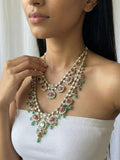 Dual Layer Kundan Necklace with Ruby Pink Stones & Green Bead Drops | Traditional Bridal Statement Jewellery for Women