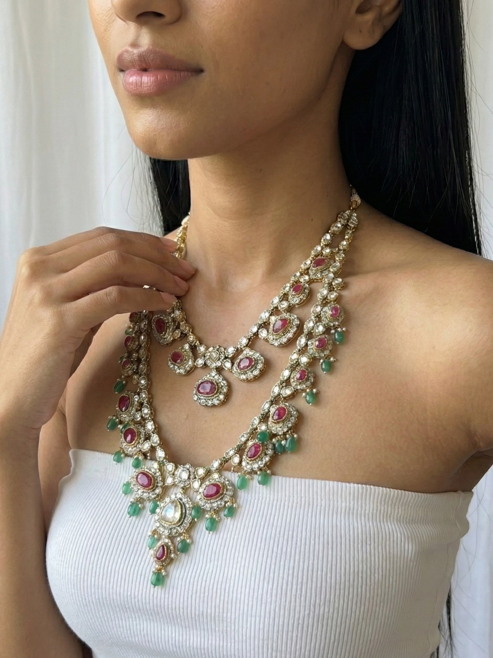 Dual Layer Kundan Necklace with Ruby Pink Stones & Green Bead Drops | Traditional Bridal Statement Jewellery for Women