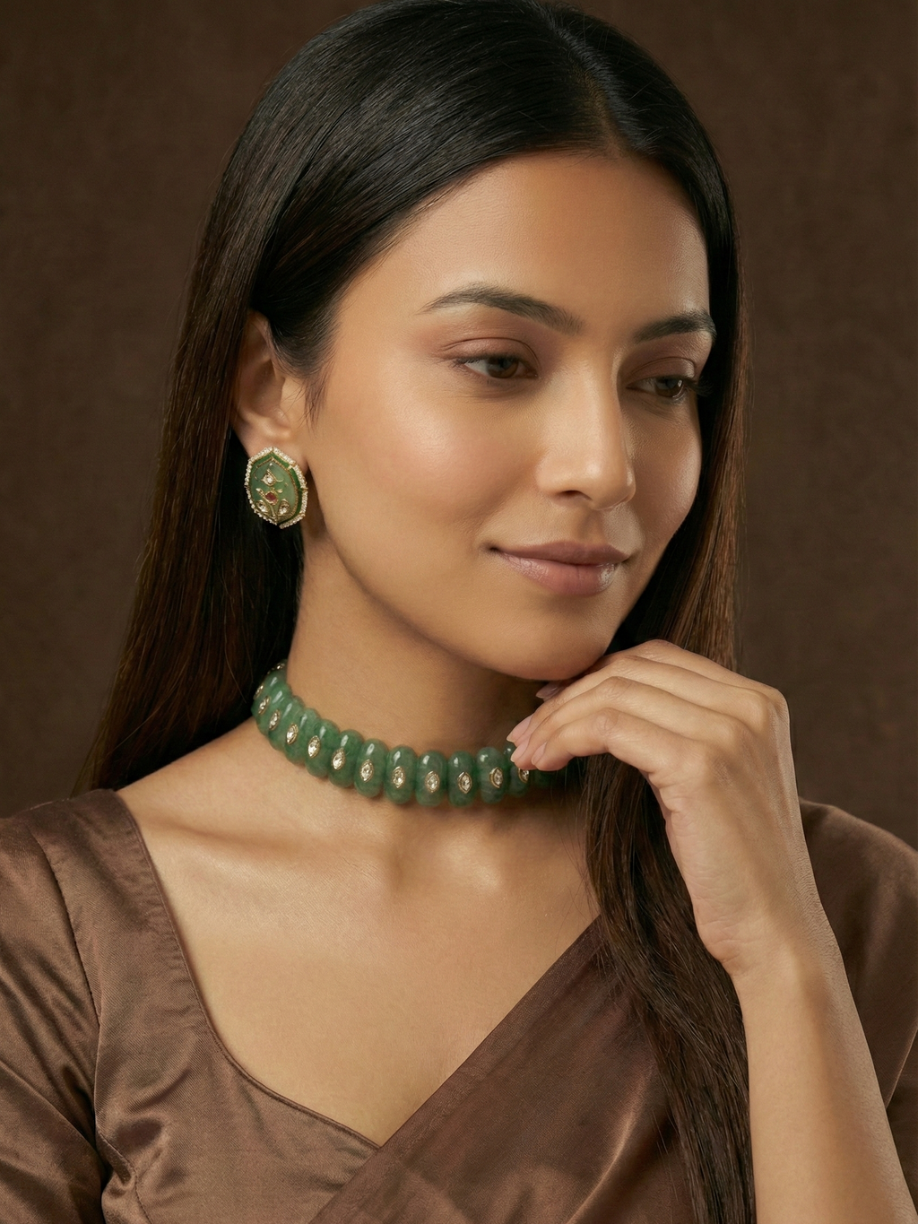 Green Jade Beaded Choker Necklace Set for Women | Gold Kundan Accent Collar Necklace with Matching Stud Earrings | Bridal & Festive Jewelry