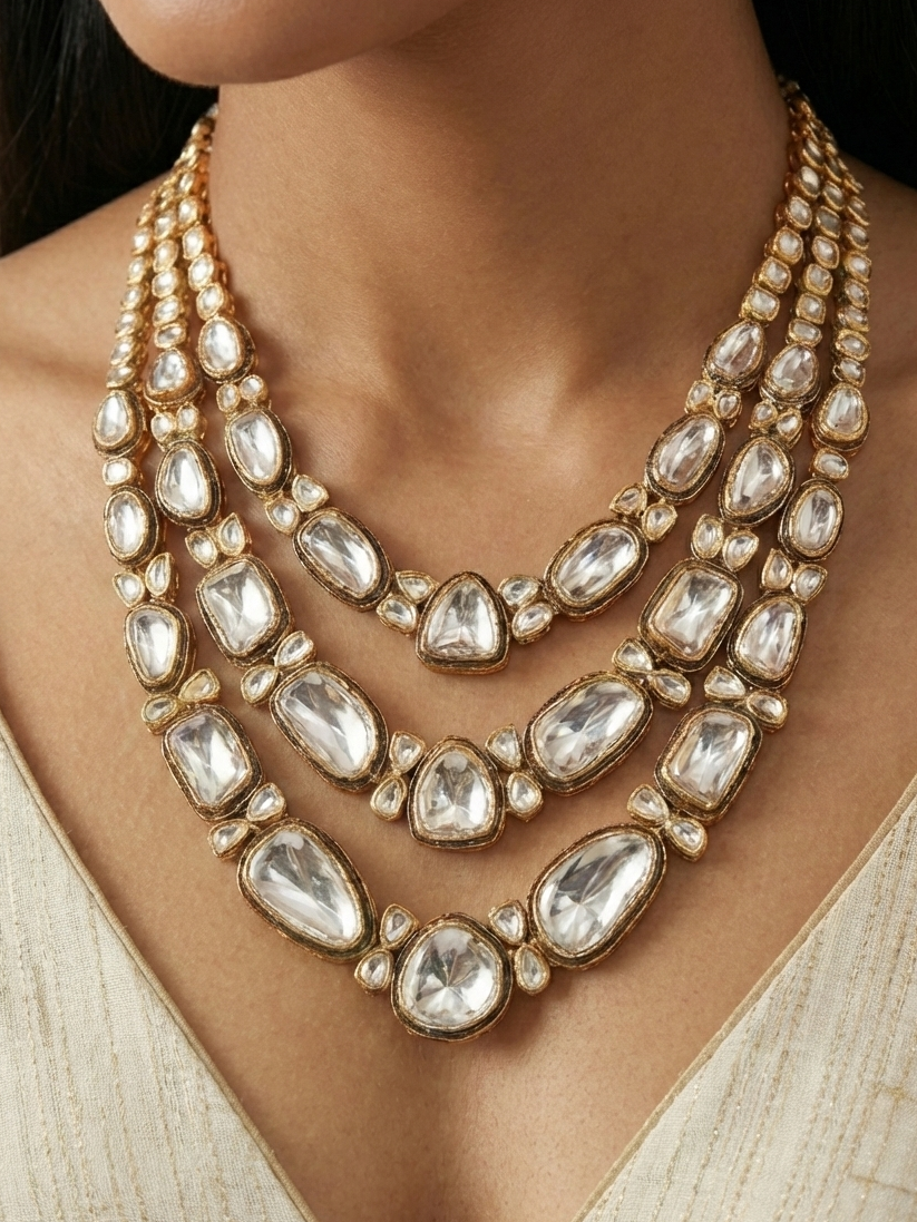 Classic White Kundan Triple-Layer Statement Necklace for Women | Bridal & Wedding Jewellery