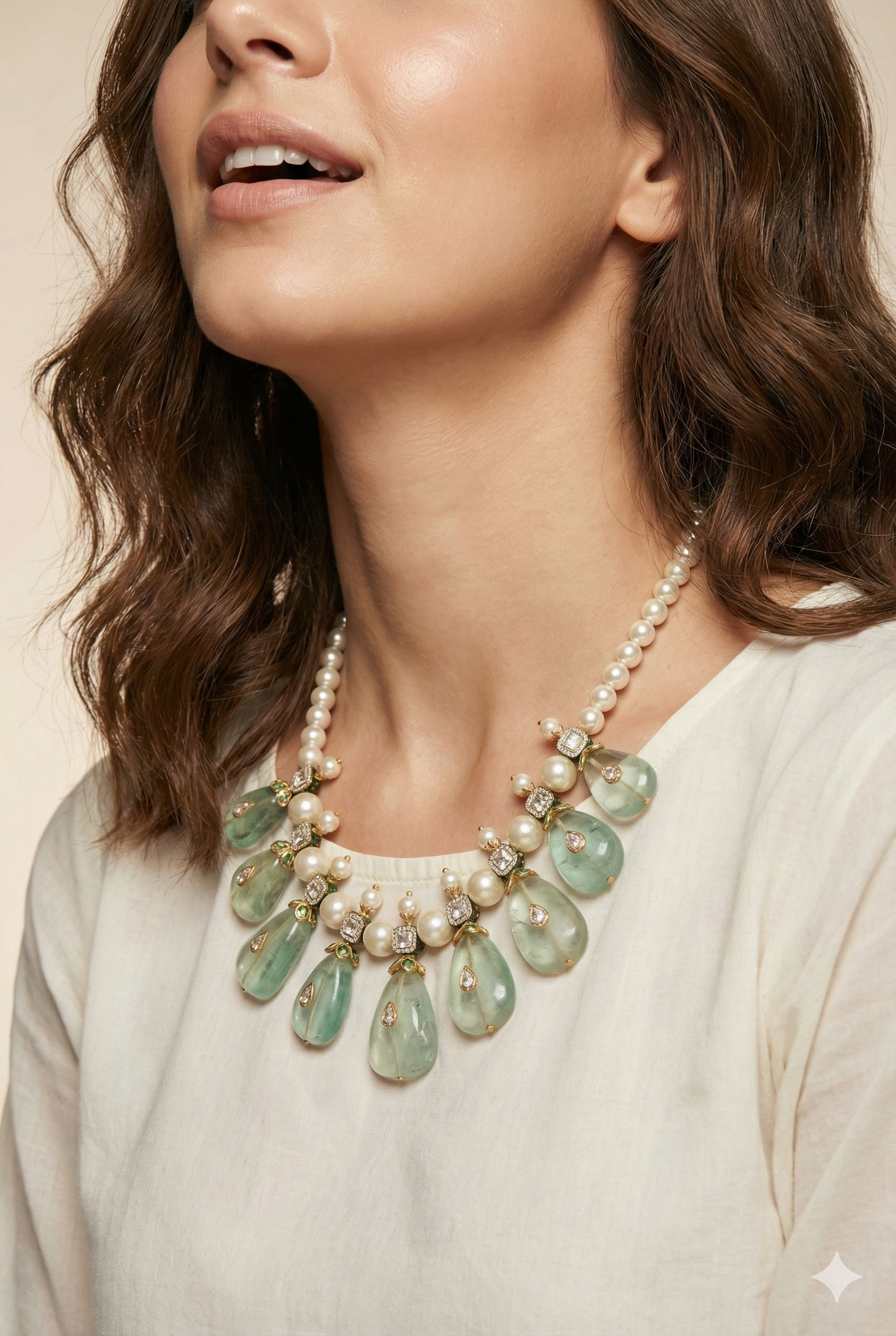 Pearl & Green Gemstone Statement Necklace for Women | Gold-Tone Bridal & Festive Bib Necklace | Elegant Designer Jewelry