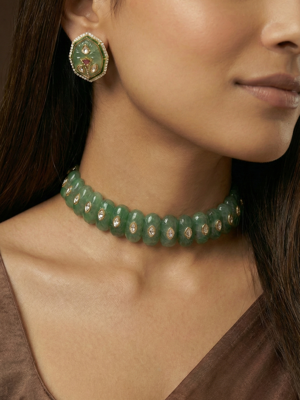 Green Jade Beaded Choker Necklace Set for Women | Gold Kundan Accent Collar Necklace with Matching Stud Earrings | Bridal & Festive Jewelry