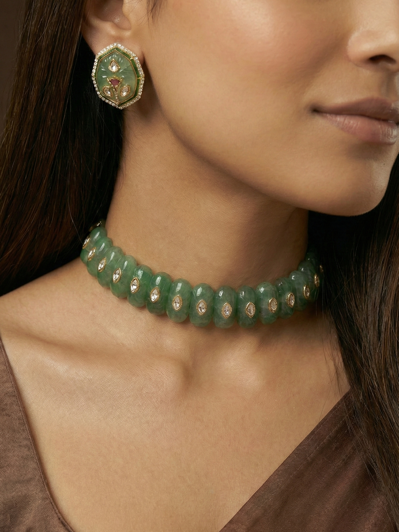 Green Jade Beaded Choker Necklace Set for Women | Gold Kundan Accent Collar Necklace with Matching Stud Earrings | Bridal & Festive Jewelry