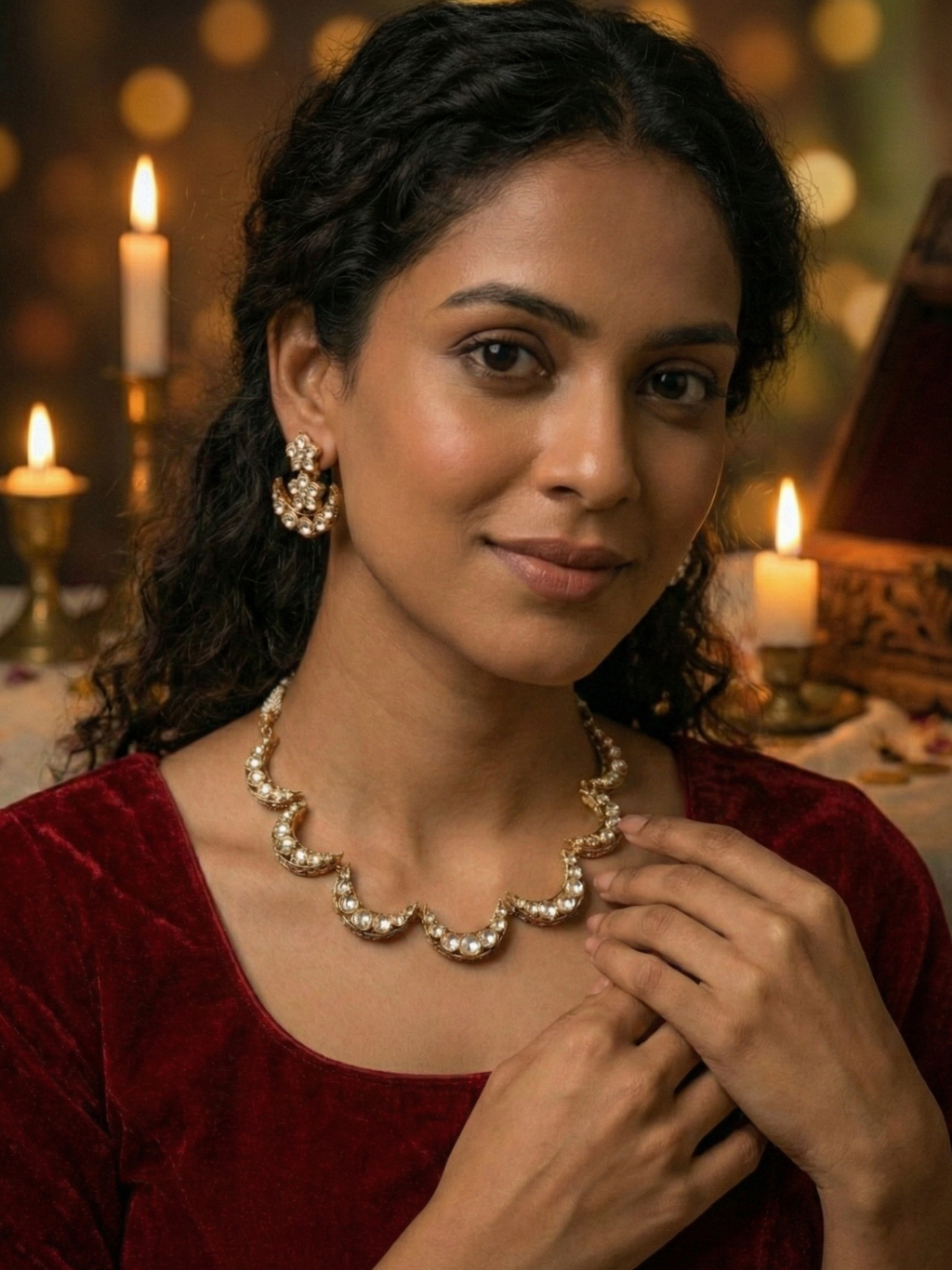 Pearl Crescent Necklace Set with Matching Earrings – Antique Gold Bridal Jewellery