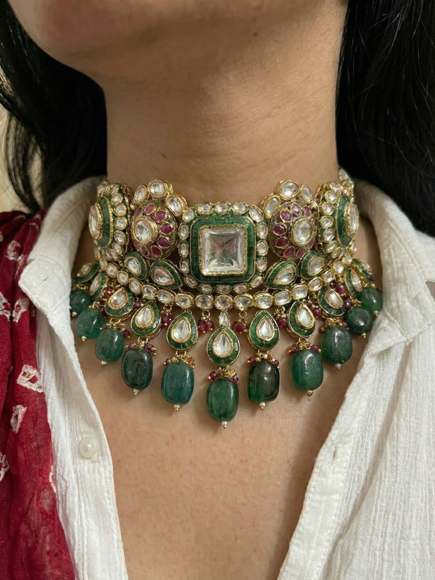 Emerald & Ruby Polki Choker Necklace with Uncut Kundan Stones for Women