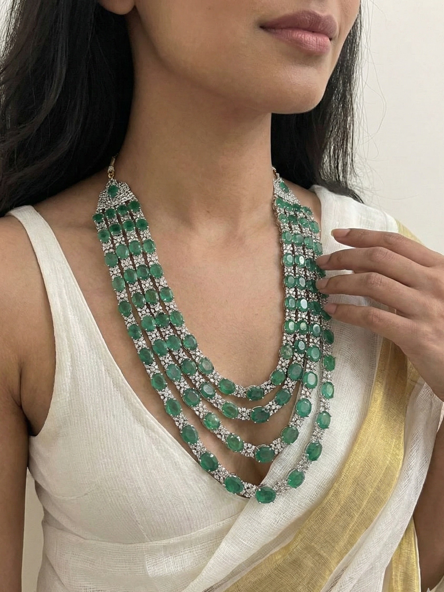 Emerald Green Multi-Layer Stone Necklace | Royal Bridal Statement Necklace for Women