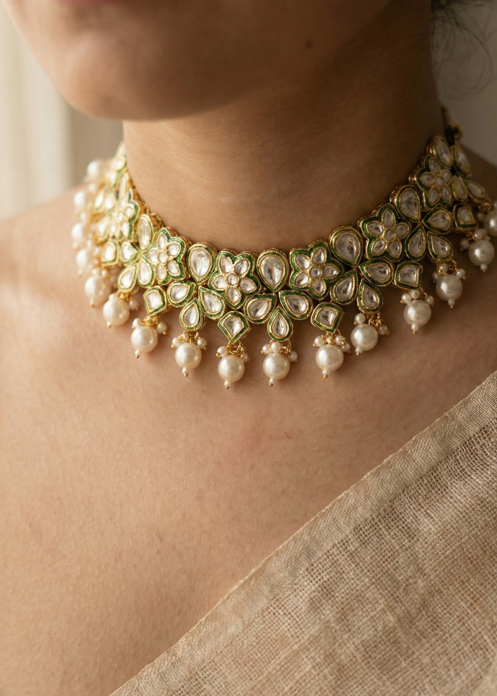 Green Kundan Pearl Choker Necklace for Women | Floral Kundan Choker with Pearl Drops