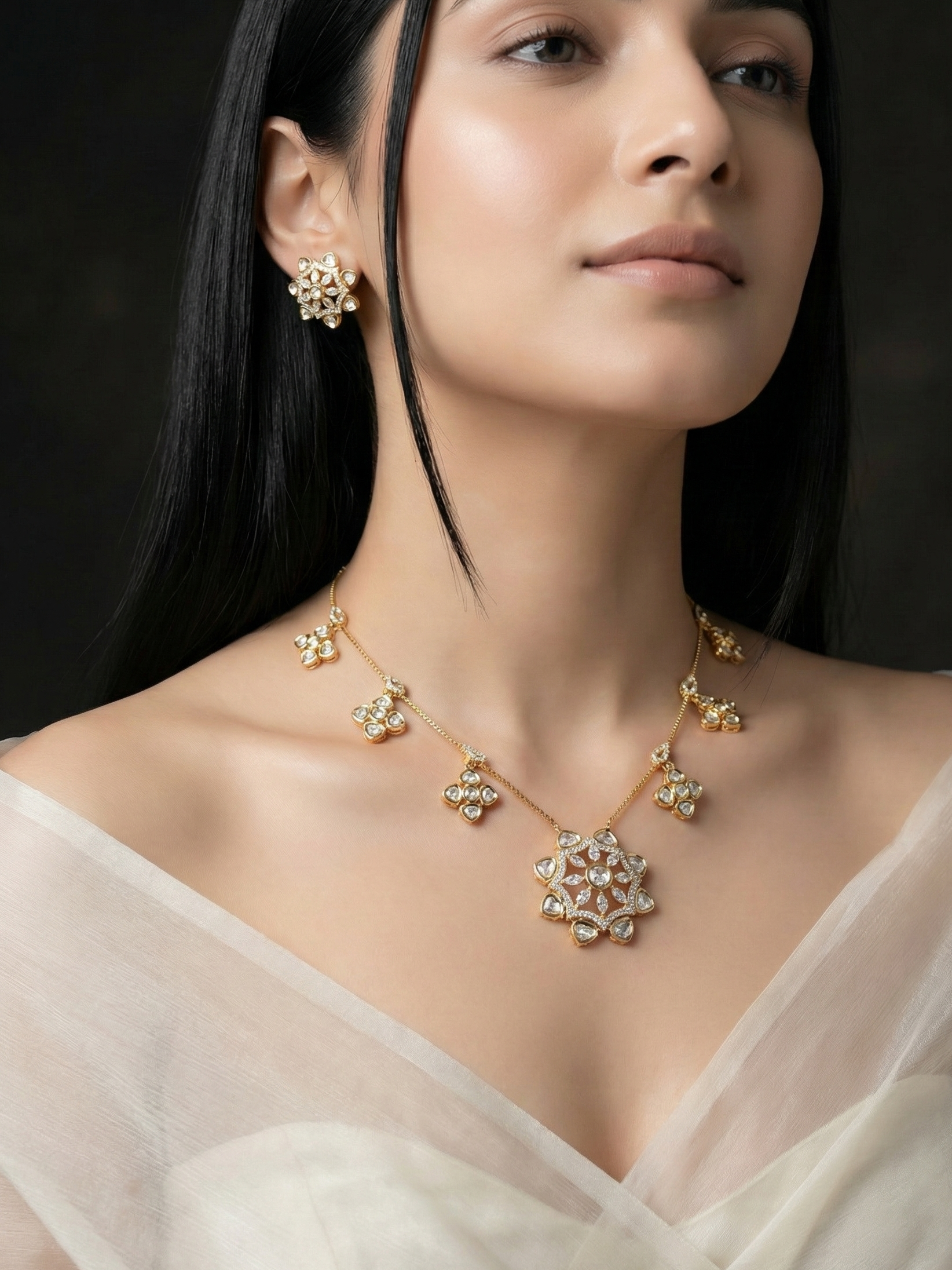 Gold Finish Kundan Floral Pendant Necklace Set with Stud Earrings | Bridal & Festive Jewellery
