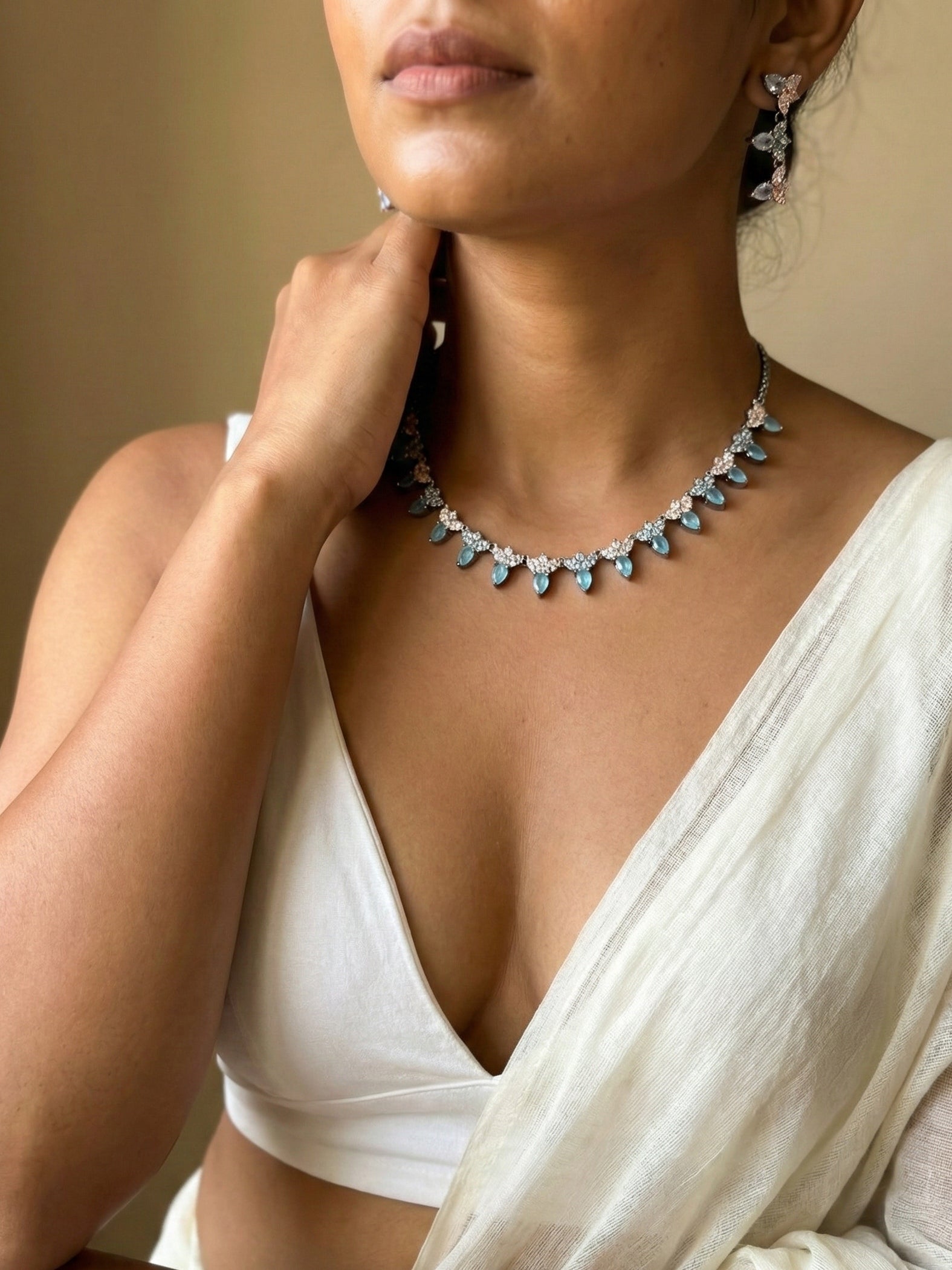 Sky Blue Teardrop Stone Necklace Set with Drop Earrings | Silver Finish Party Wear Jewellery