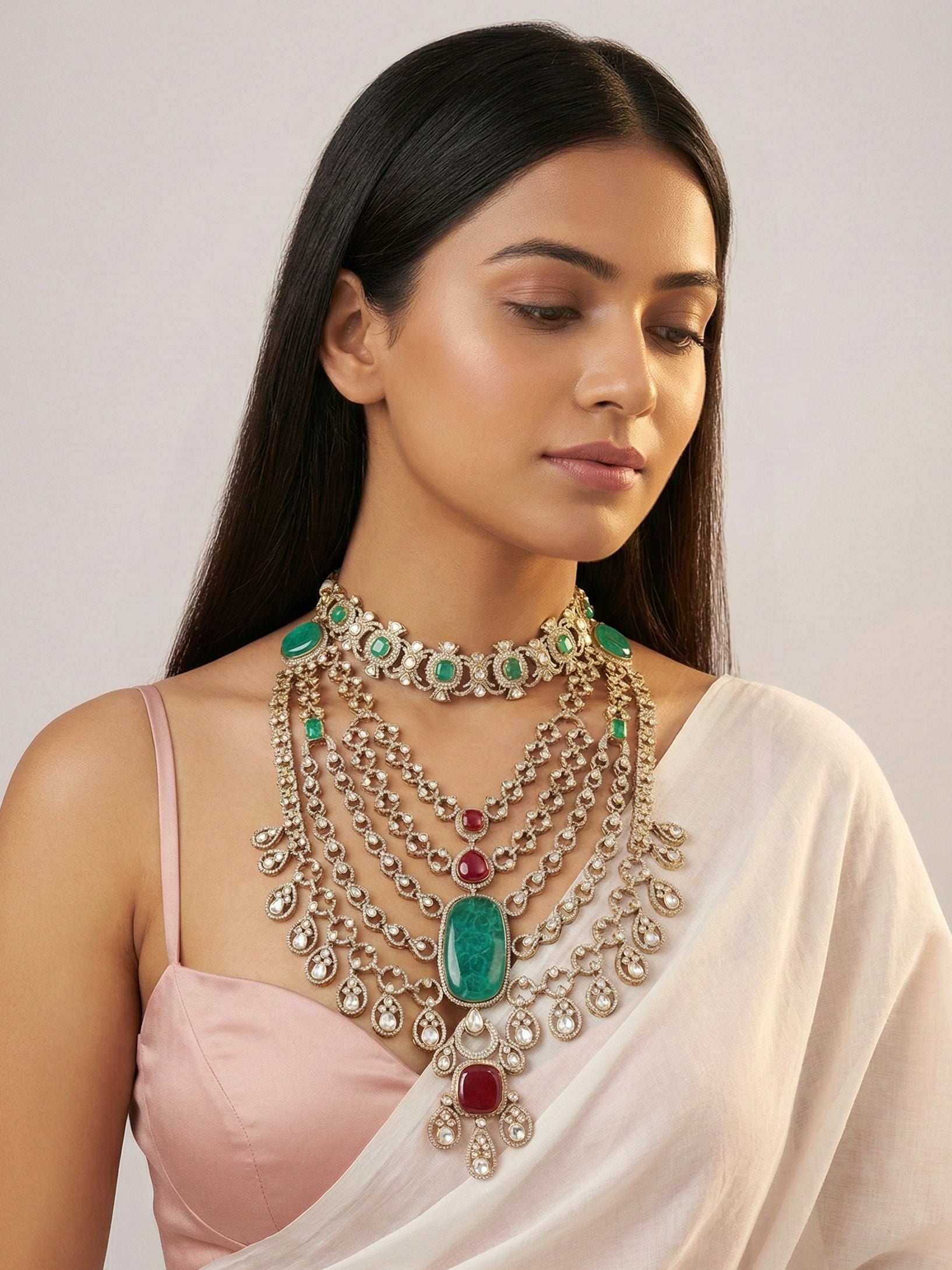 Layered Kundan Bridal Necklace with Emerald Green & Ruby Stones | Royal Multi-Strand Statement Jewellery for Women