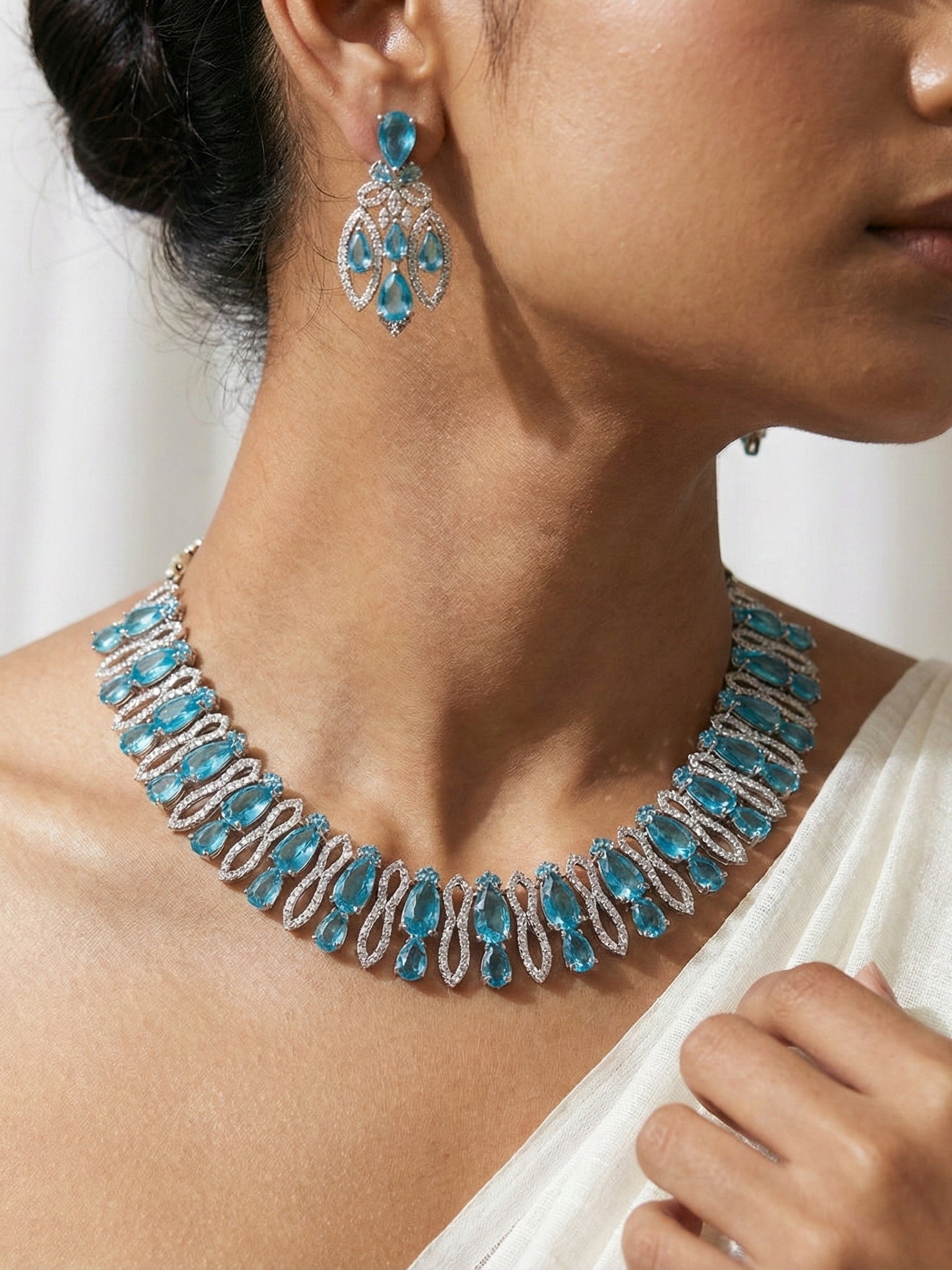 Aqua Blue Stone Necklace Set with Matching Earrings | Silver Finish Statement Jewellery for Women