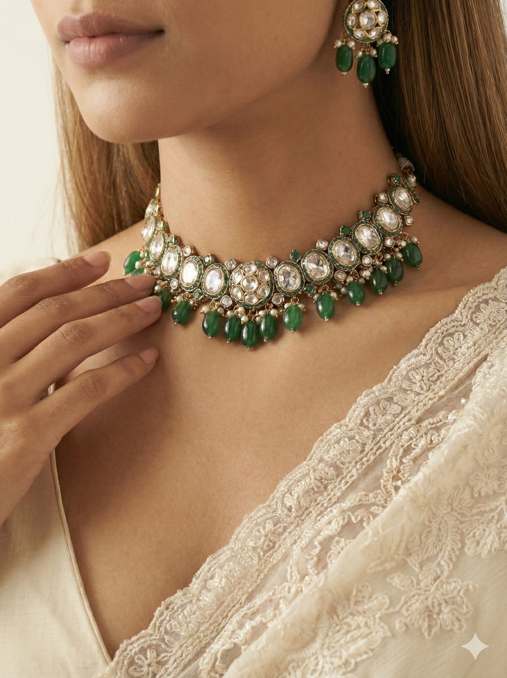 Green Kundan Choker Necklace Set with Oval Stones & Bead Drops | Traditional Bridal Jewellery for Women