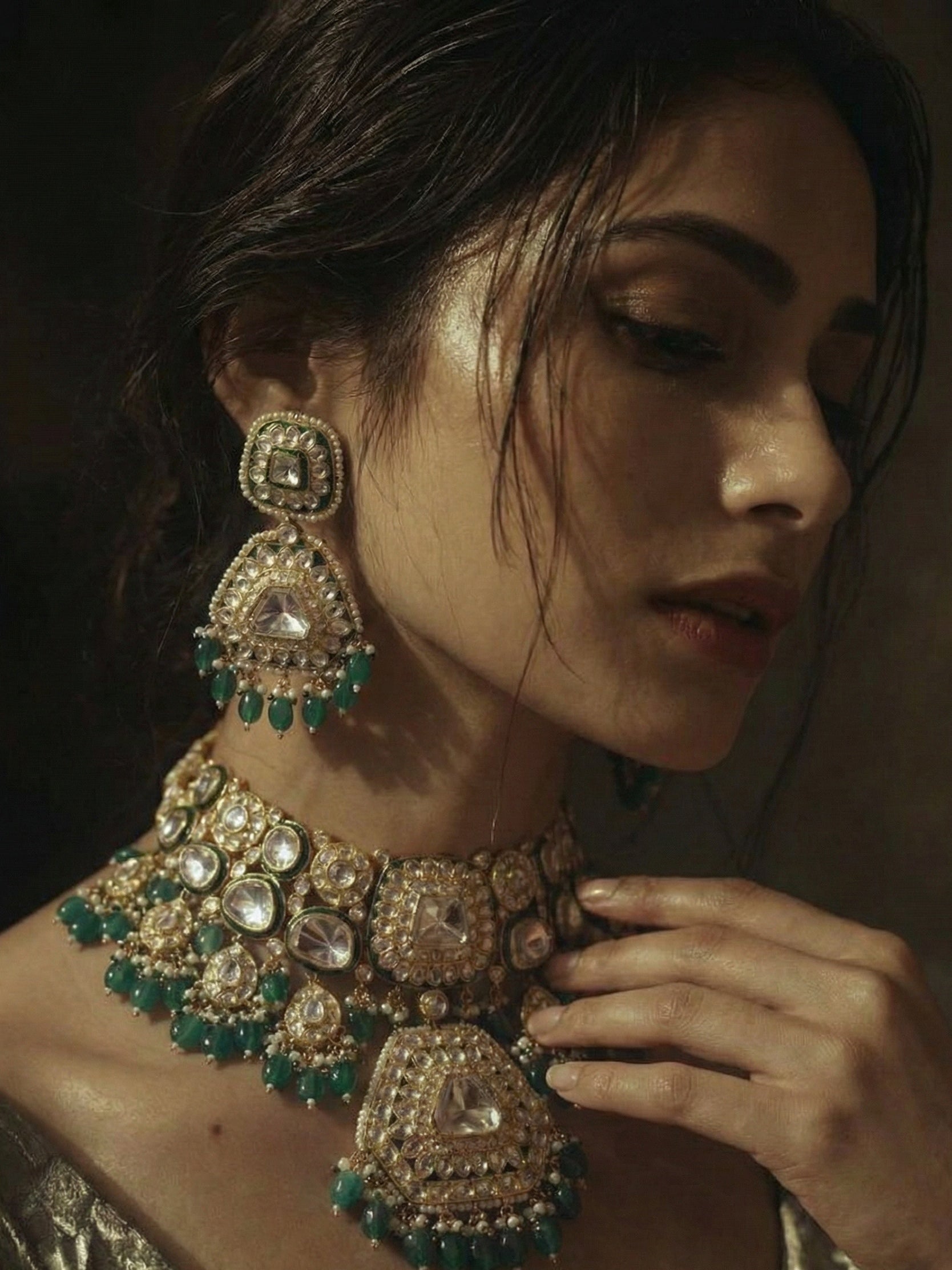 Emerald Polki Choker Necklace Set with Matching Statement Earrings for Women