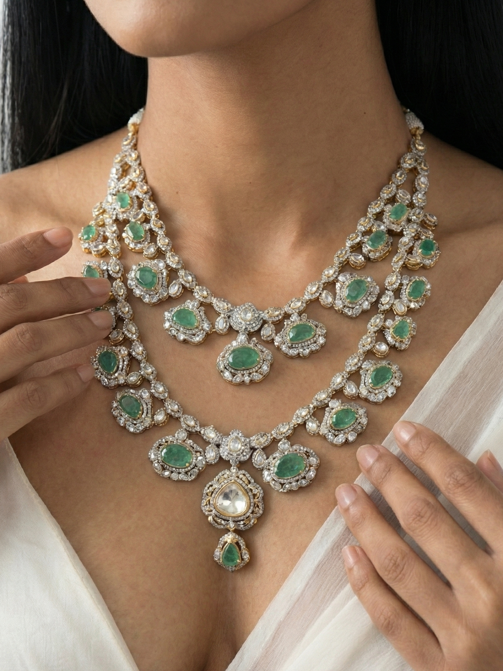 Royal Emerald Kundan Layered Bridal Necklace for Women | Traditional Wedding Statement Jewellery
