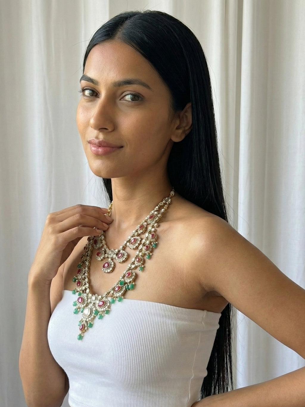 Dual Layer Kundan Necklace with Ruby Pink Stones & Green Bead Drops | Traditional Bridal Statement Jewellery for Women