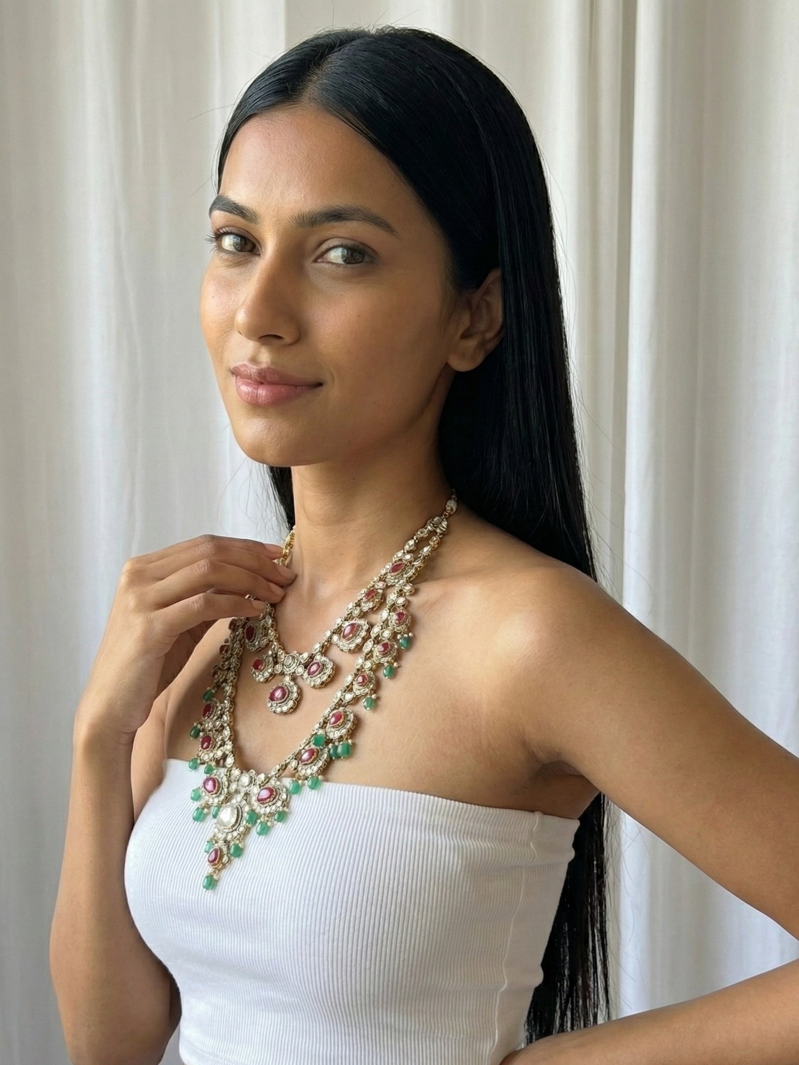 Dual Layer Kundan Necklace with Ruby Pink Stones & Green Bead Drops | Traditional Bridal Statement Jewellery for Women