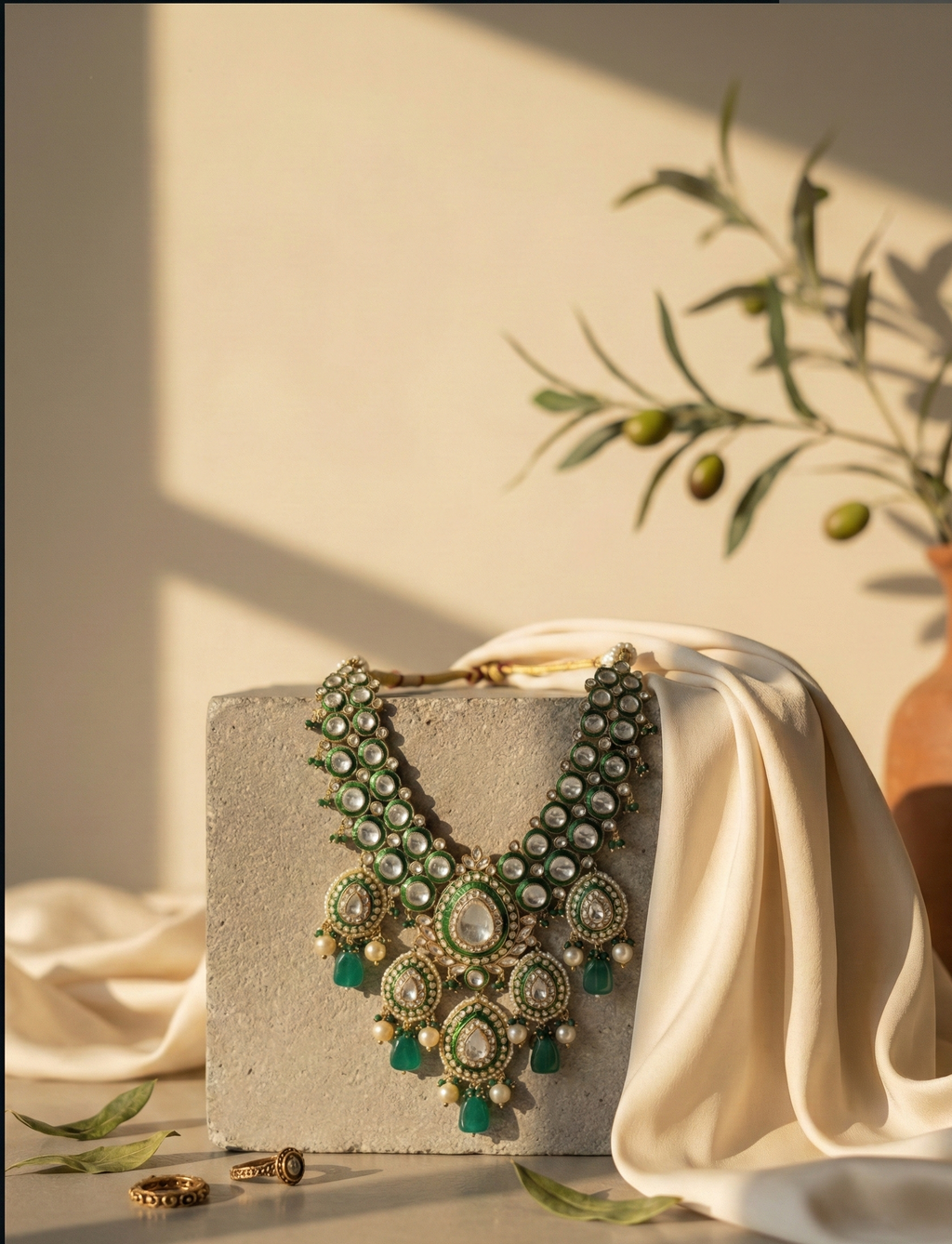 Green Kundan Bridal Necklace with Pearls & Emerald Drops – Traditional Wedding Jewellery
