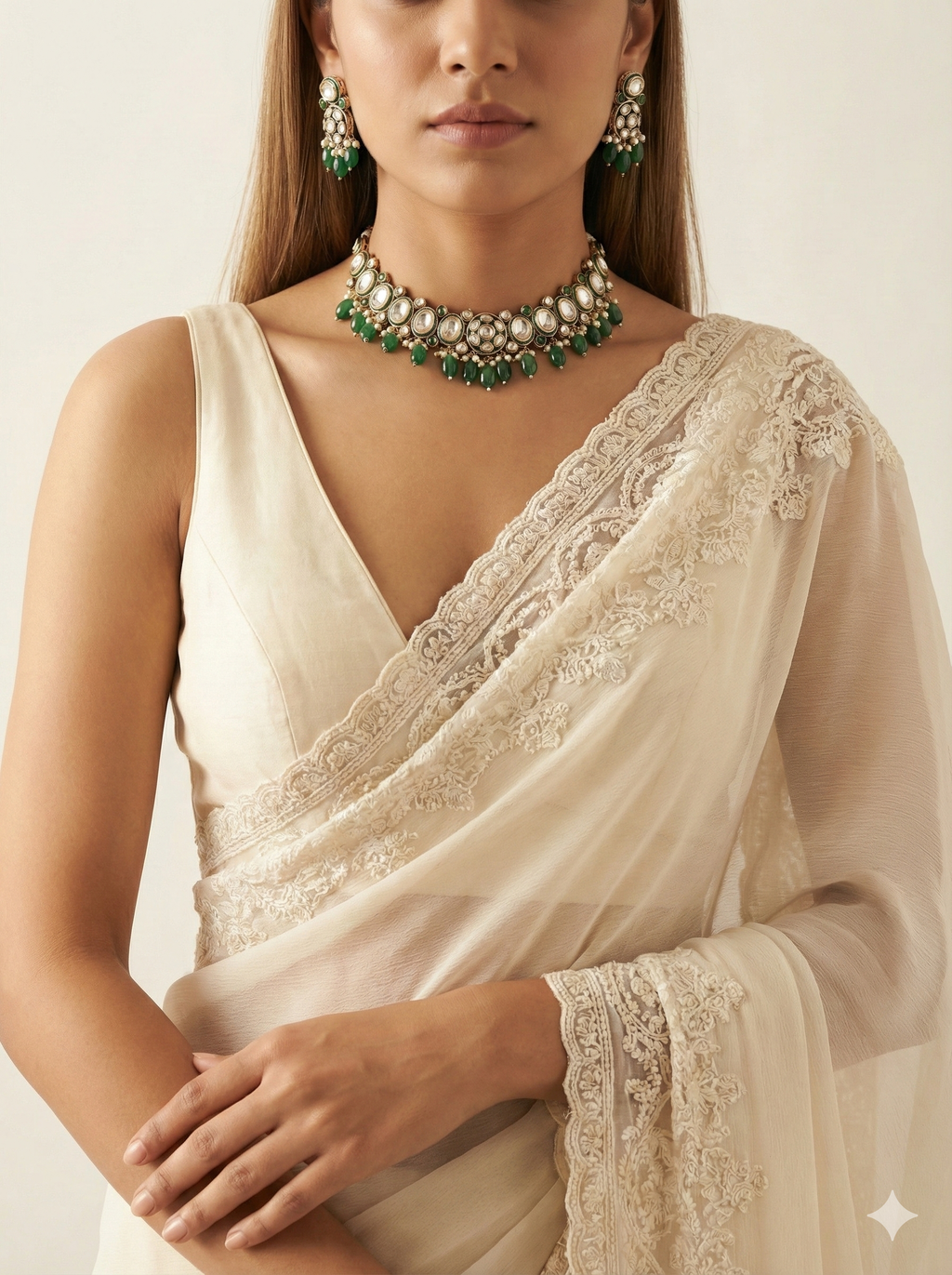 Green Kundan Choker Necklace Set with Oval Stones & Bead Drops | Traditional Bridal Jewellery for Women