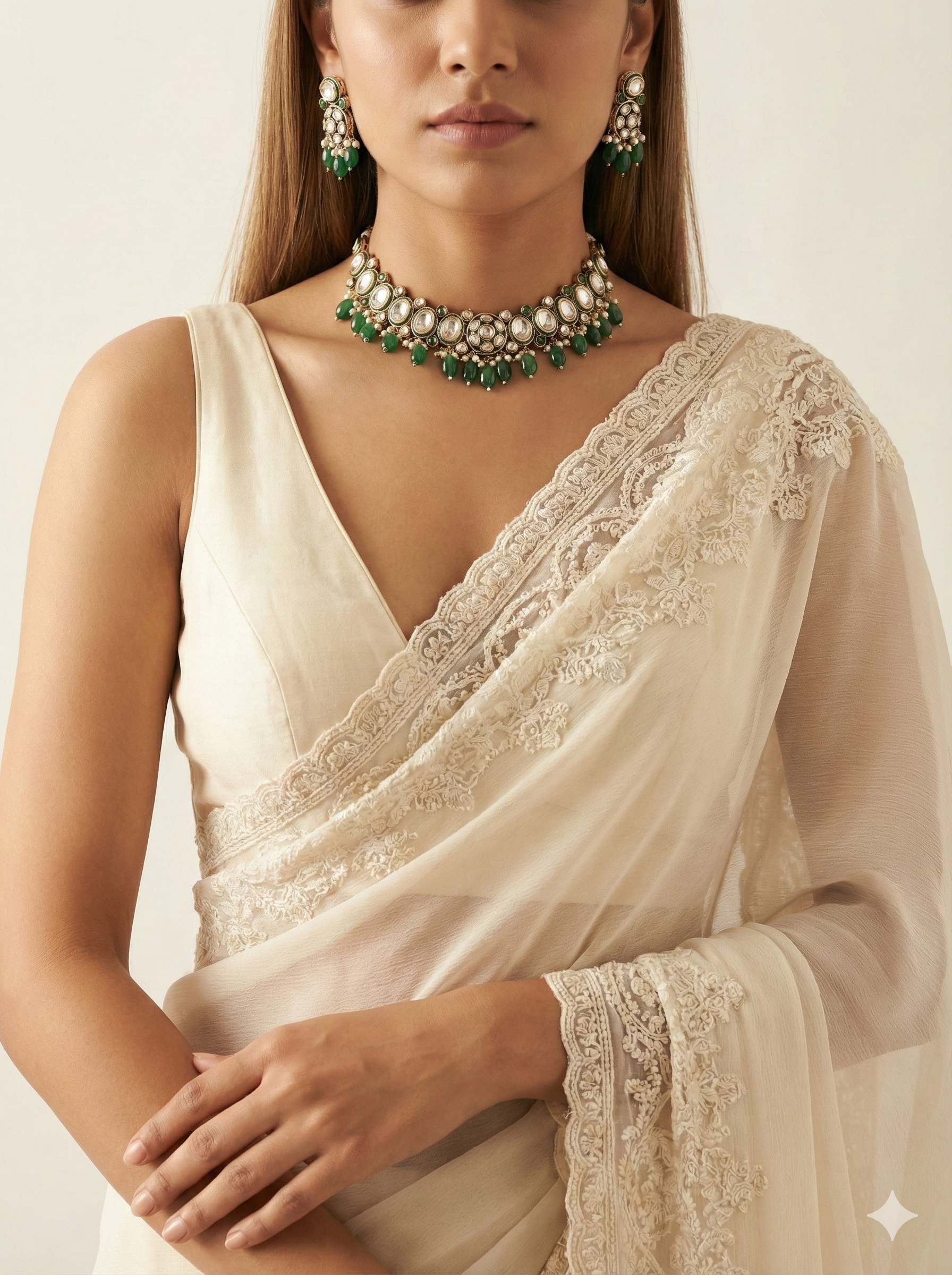 Green Kundan Choker Necklace Set with Oval Stones & Bead Drops | Traditional Bridal Jewellery for Women