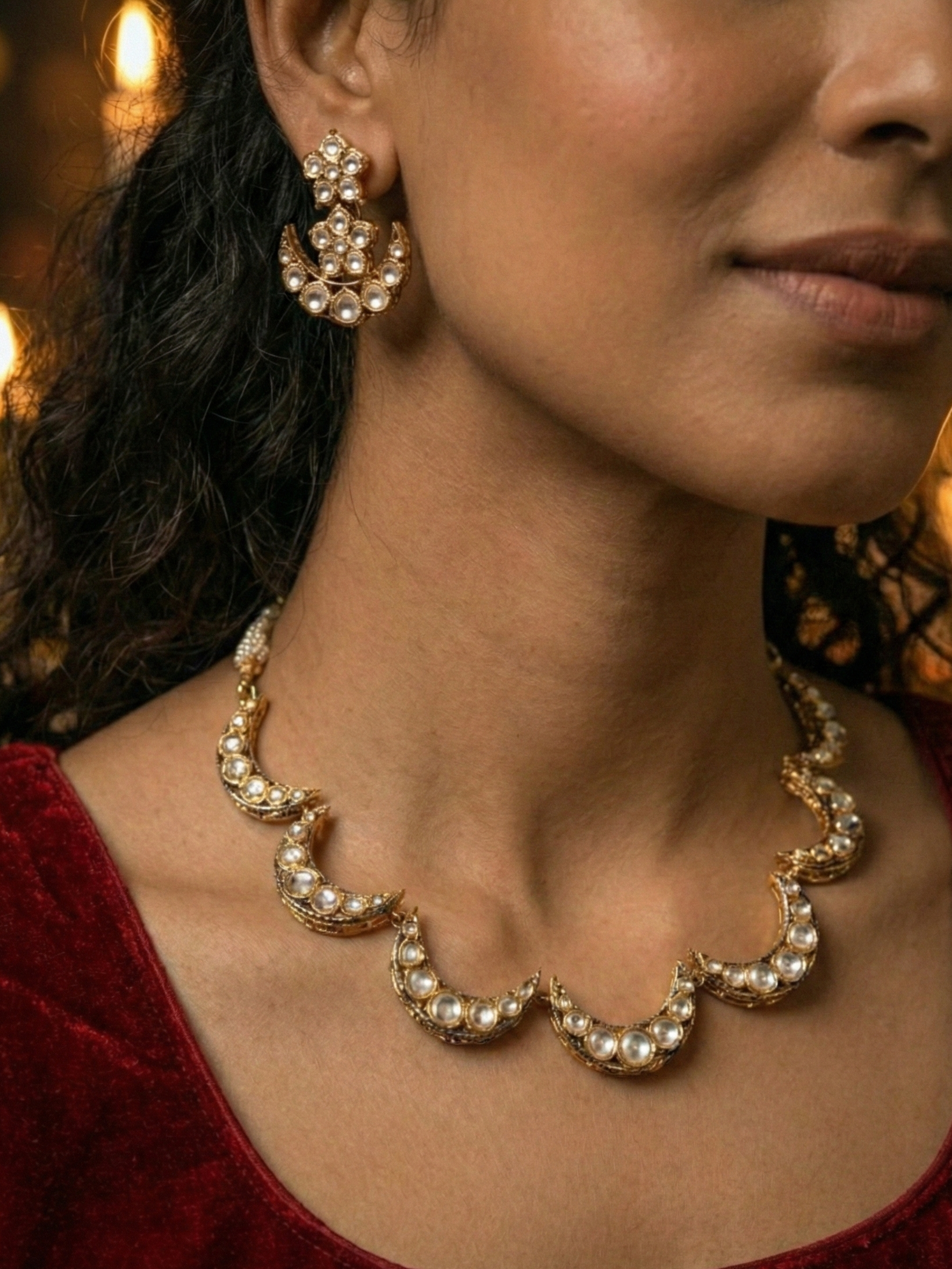 Pearl Crescent Necklace Set with Matching Earrings – Antique Gold Bridal Jewellery