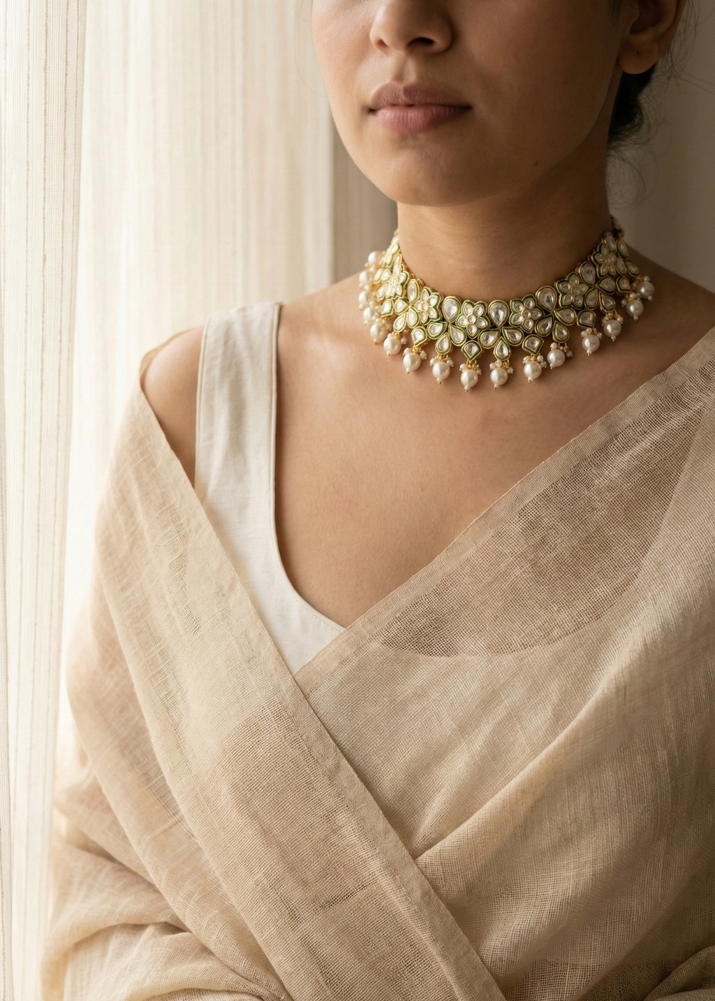 Green Kundan Pearl Choker Necklace for Women | Floral Kundan Choker with Pearl Drops