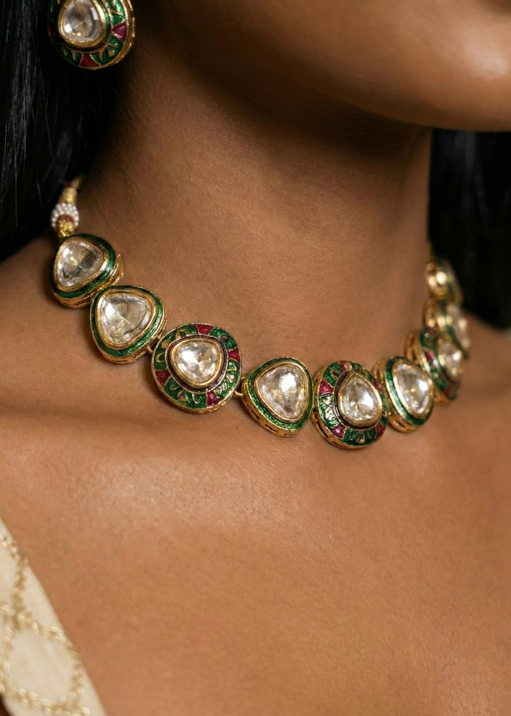 Multicolor Kundan Choker Necklace Set with Red & Green Stone Detailing | Elegant Bridal & Festive Jewellery