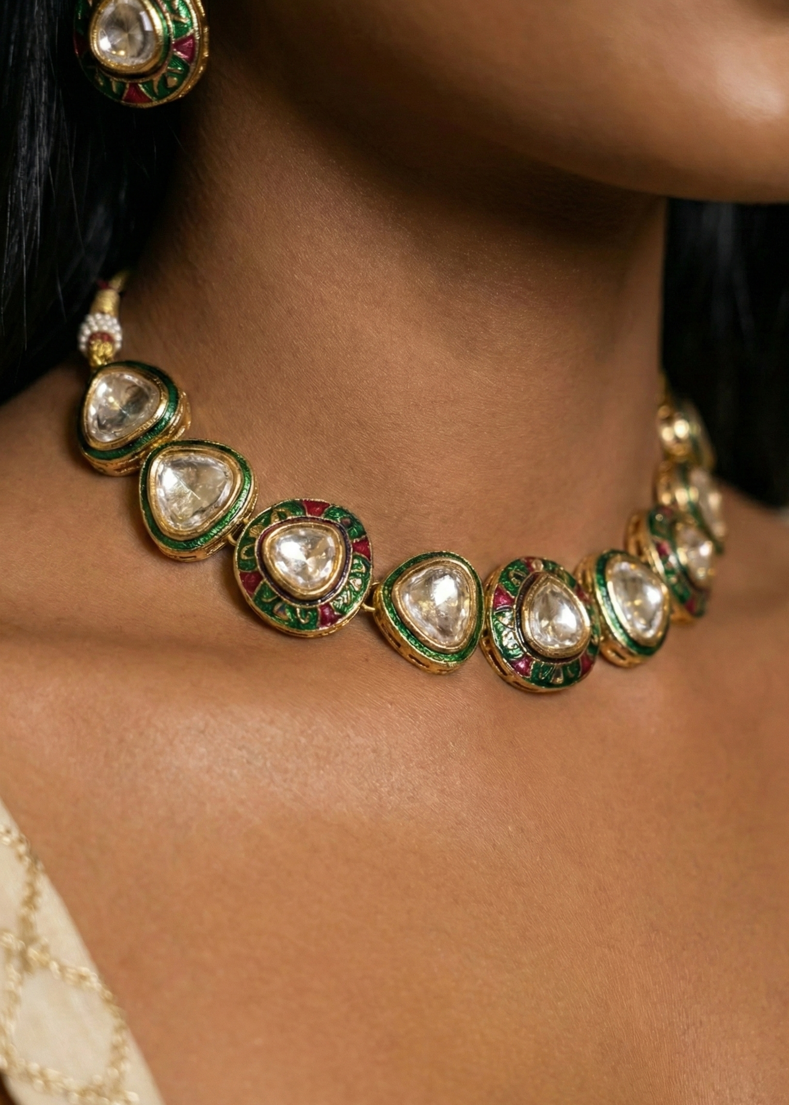 Multicolor Kundan Choker Necklace Set with Red & Green Stone Detailing | Elegant Bridal & Festive Jewellery