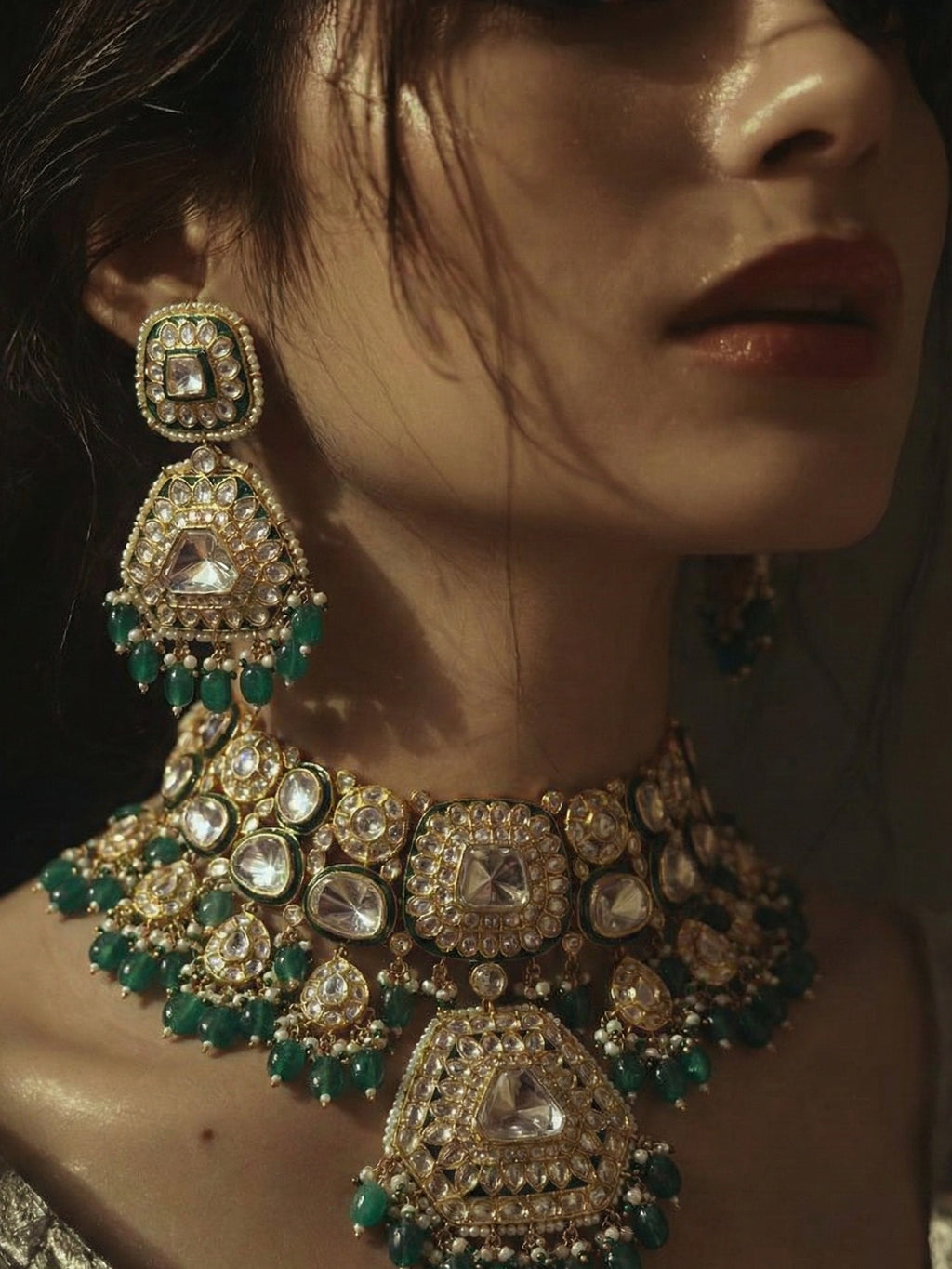 Emerald Polki Choker Necklace Set with Matching Statement Earrings for Women