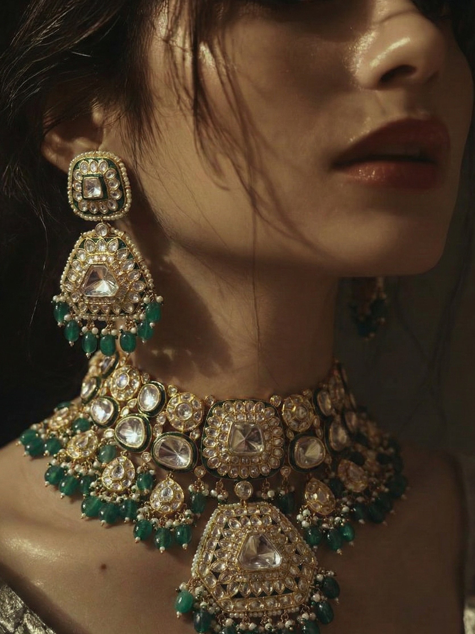 Emerald Polki Choker Necklace Set with Matching Statement Earrings for Women