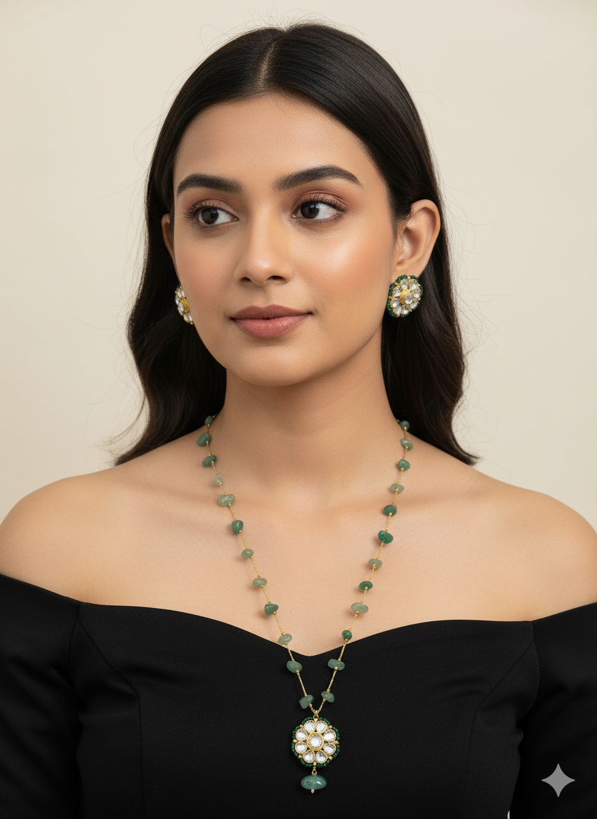 Jade Ahmedabadi Kundan Necklace Set with Earrings | Traditional Green Beaded Jewellery
