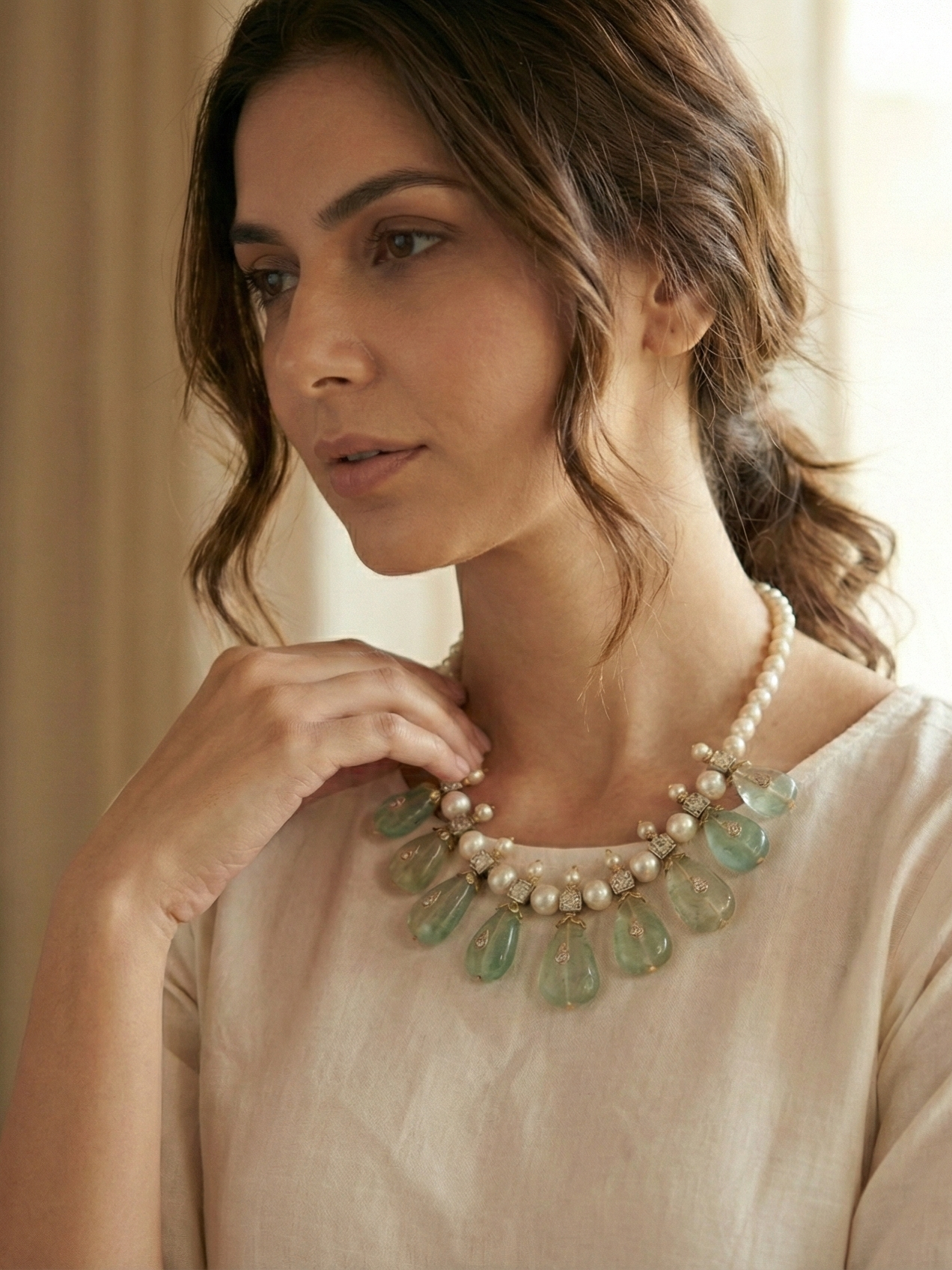 Pearl & Green Gemstone Statement Necklace for Women | Gold-Tone Bridal & Festive Bib Necklace | Elegant Designer Jewelry