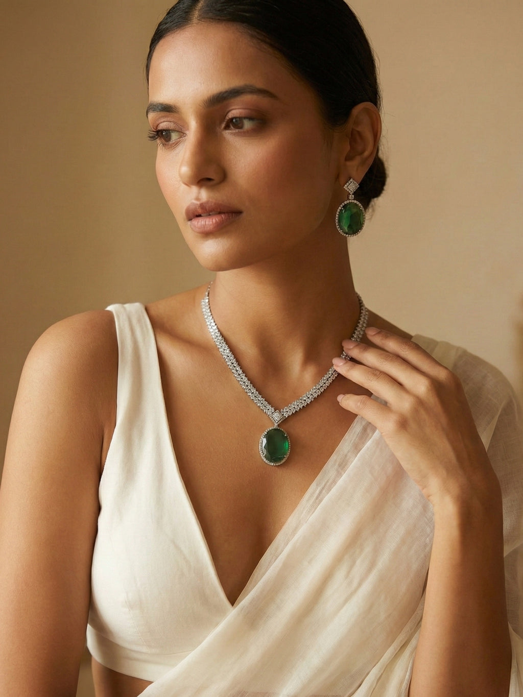 Emerald Green Oval Stone Necklace Set with Drop Earrings | Silver Finish Bridal & Party Wear Jewellery