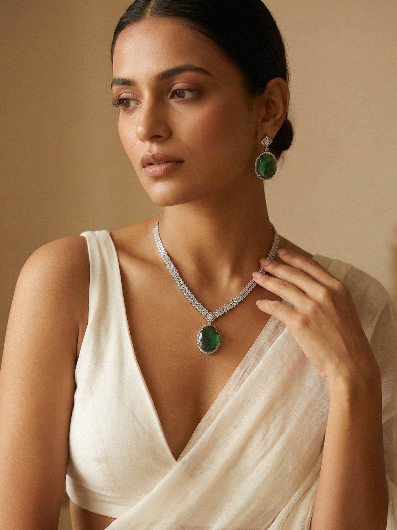 Emerald Green Oval Stone Necklace Set with Drop Earrings | Silver Finish Bridal & Party Wear Jewellery