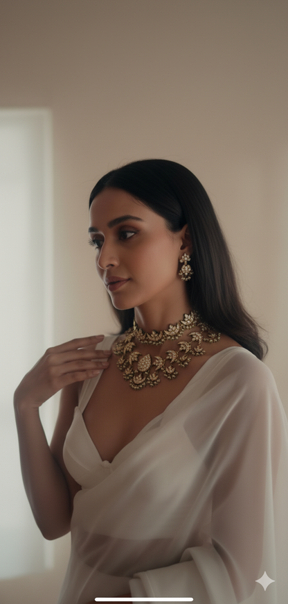 Kundan and Pearl Gold Plated Bridal Choker Necklace Set | Women’s Ethnic Wedding Jewellery