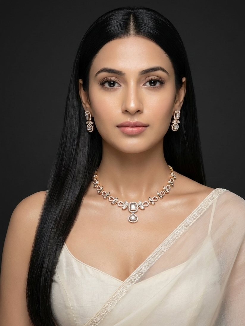 Rose Gold Finish Crystal Necklace Set with Drop Earrings | Elegant Bridal & Party Wear Jewellery