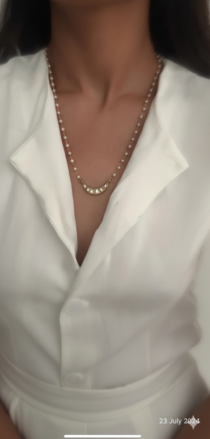 Pearl Chain with Kundan Crescent Pendant Necklace | Women’s Minimal Ethnic Jewellery