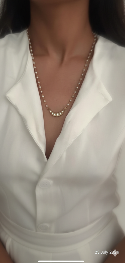 Pearl Chain with Kundan Crescent Pendant Necklace | Women’s Minimal Ethnic Jewellery