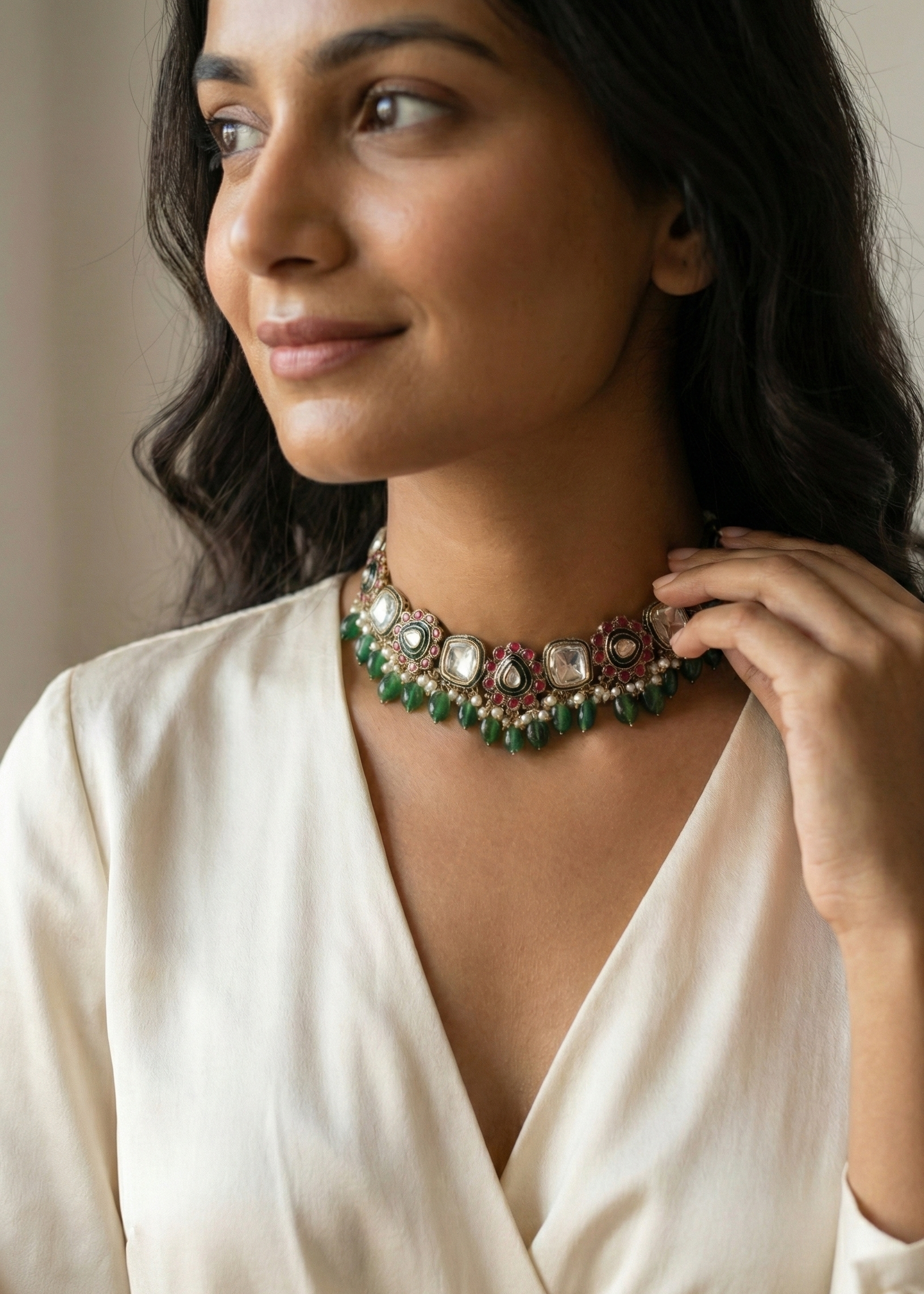 Green Kundan Pearl Choker Necklace for Women | Floral Kundan Choker with Pearl Drops (Copy)