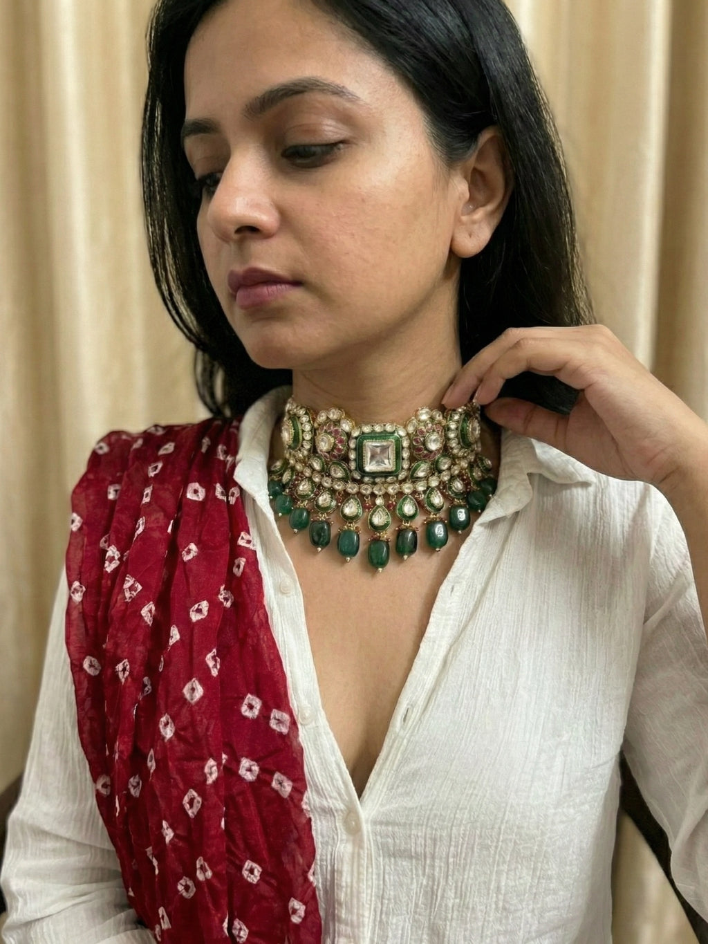 Emerald & Ruby Polki Choker Necklace with Uncut Kundan Stones for Women