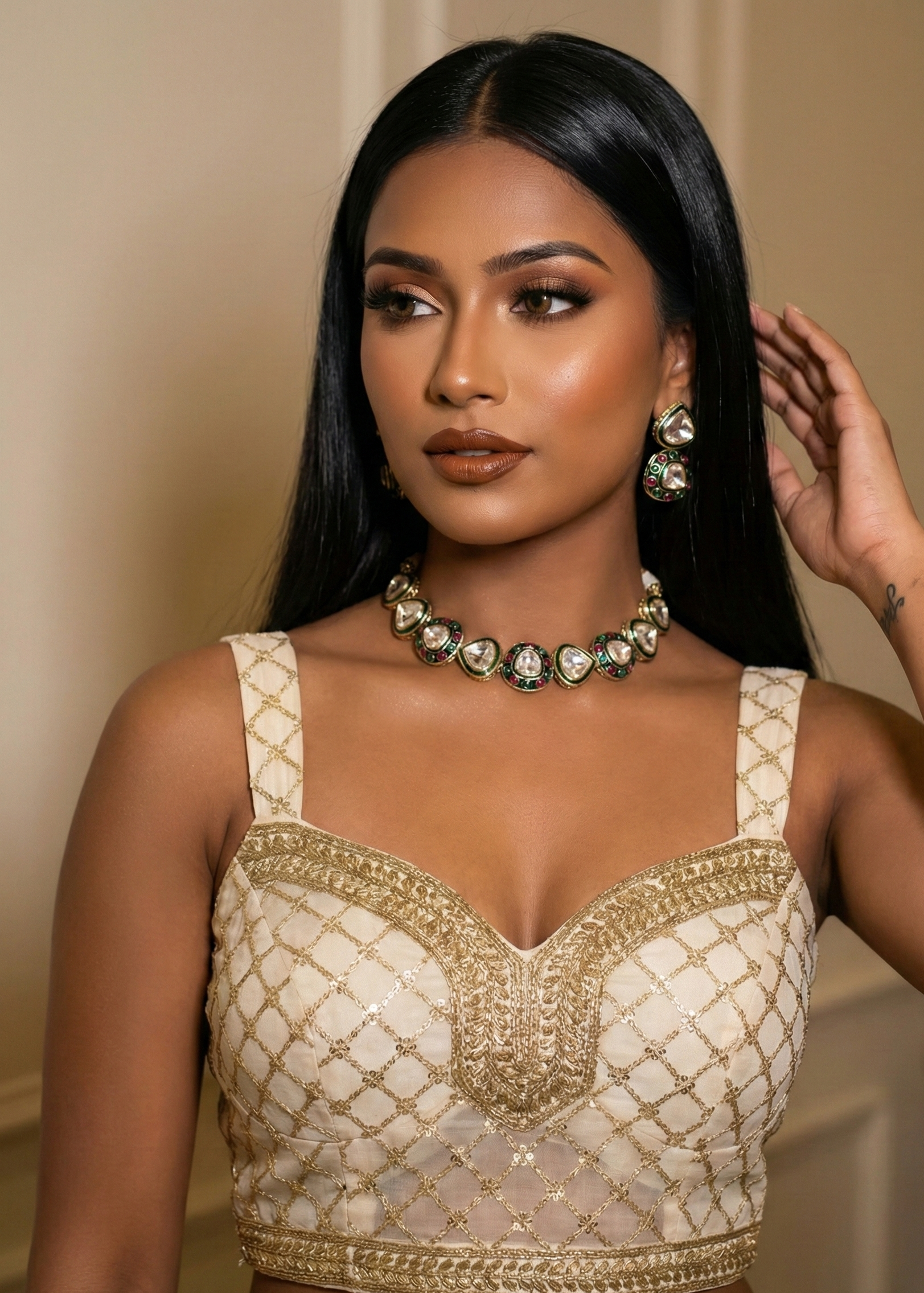 Multicolor Kundan Choker Necklace Set with Red & Green Stone Detailing | Elegant Bridal & Festive Jewellery