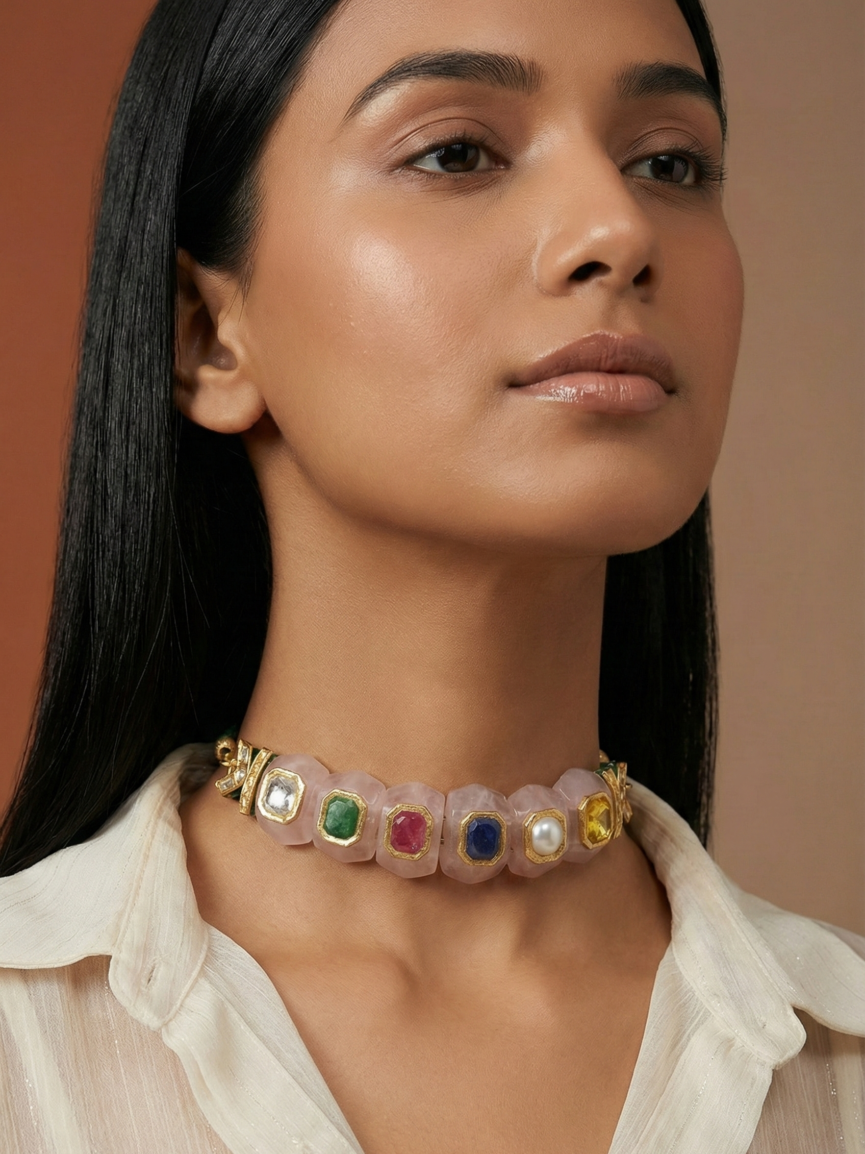 Rose Quartz Navratna Choker Necklace for Women | Gold Bezel Gemstone Statement Collar Necklace | Luxury Bridal & Festive Jewelry