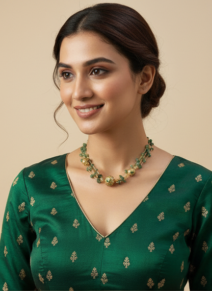 Bubble Stone Meena Pearl Layering Chain – Elegant Green & Gold Necklace