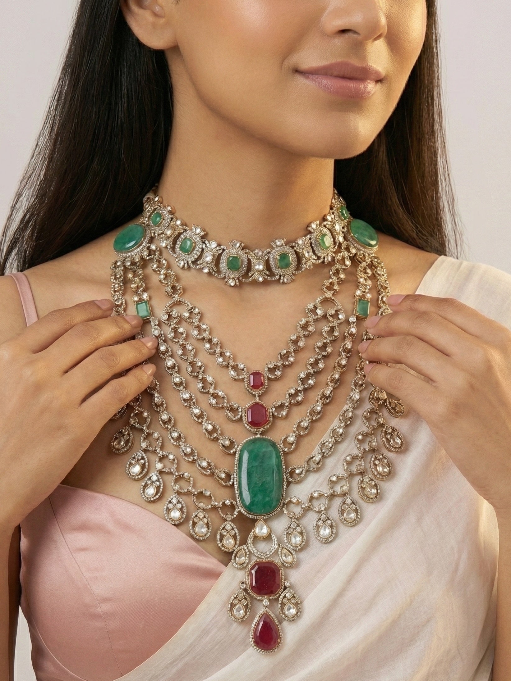 Layered Kundan Bridal Necklace with Emerald Green & Ruby Stones | Royal Multi-Strand Statement Jewellery for Women