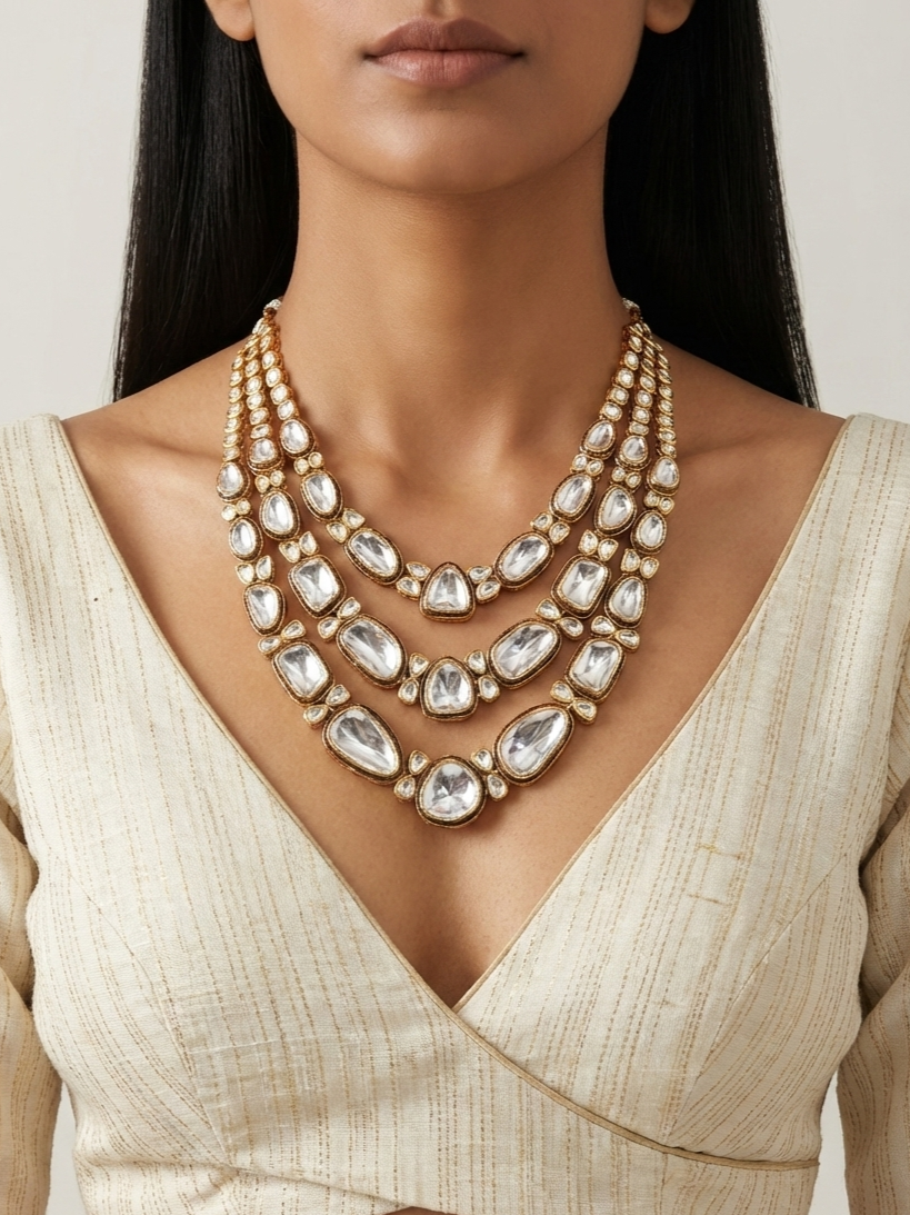 Classic White Kundan Triple-Layer Statement Necklace for Women | Bridal & Wedding Jewellery