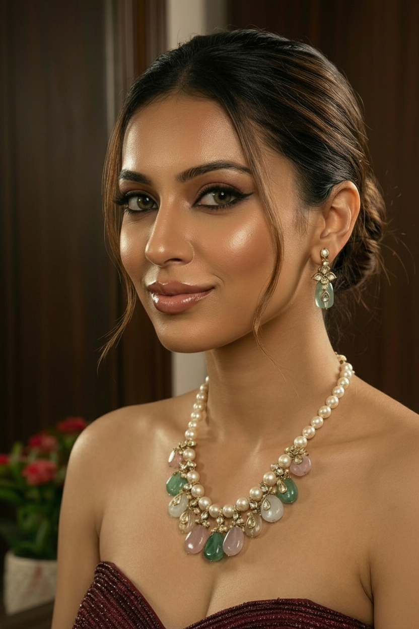 Pearl & Multi-Gemstone Statement Necklace Set for Women | Rose Quartz & Green Stone Bridal Jewelry | Gold-Tone Festive Necklace with Earrings