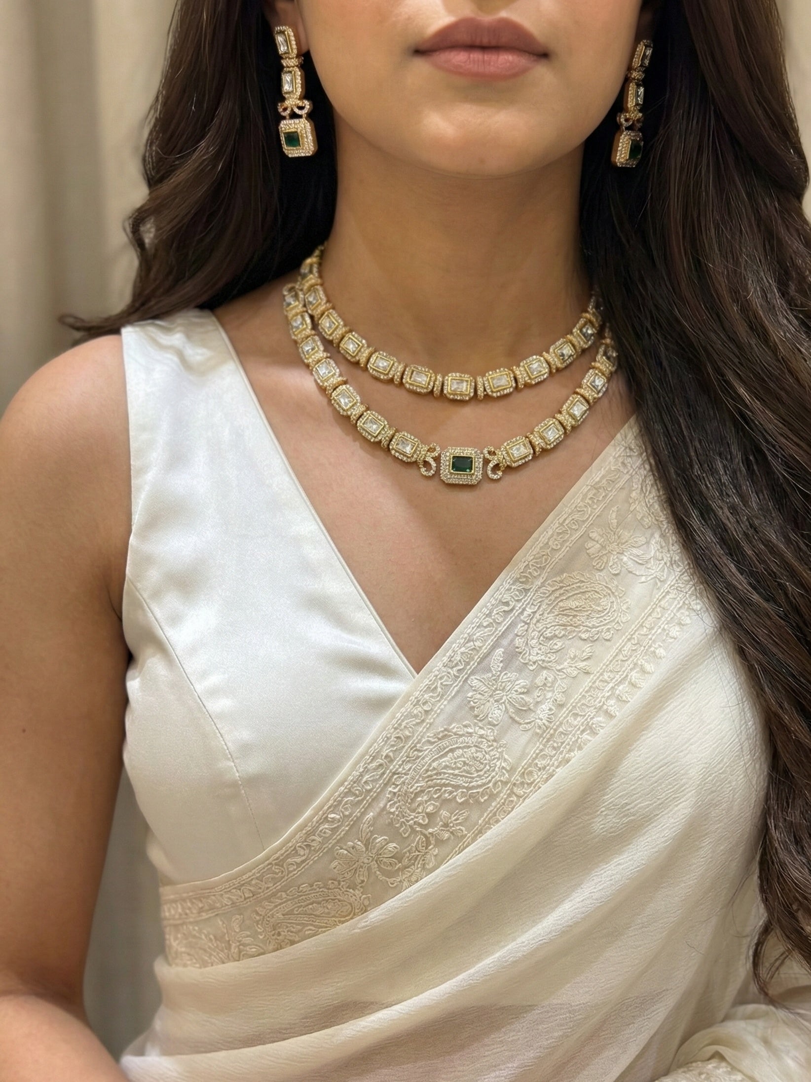Emerald Square Kundan Double-Layer Necklace Set with Matching Drop Earrings | Bridal & Festive Jewellery