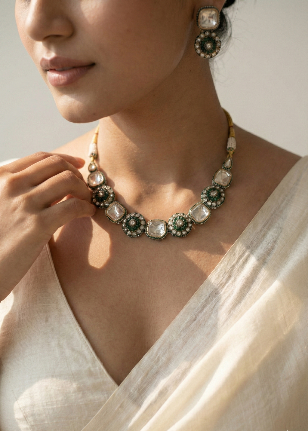 Green Kundan Statement Necklace Set with Polki Stones & Pearl Accents | Traditional Ethnic Jewellery