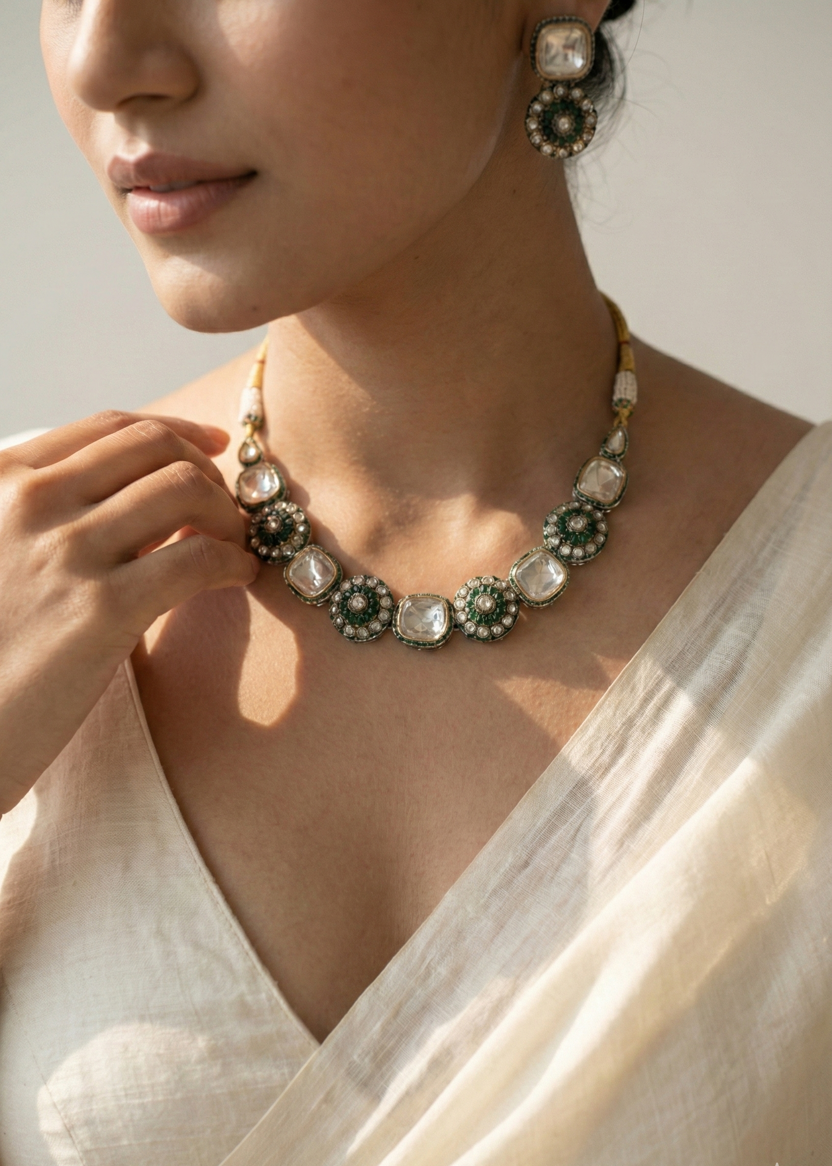 Green Kundan Statement Necklace Set with Polki Stones & Pearl Accents | Traditional Ethnic Jewellery