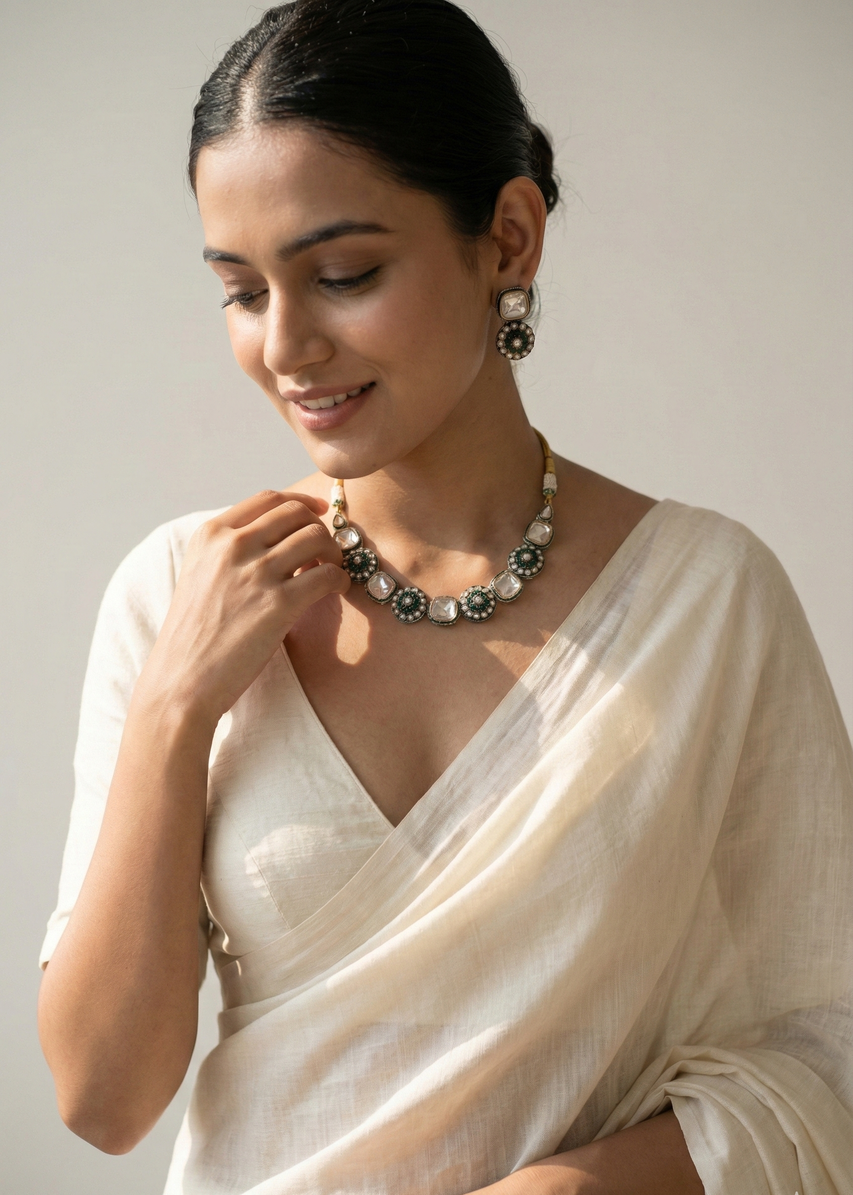 Green Kundan Statement Necklace Set with Polki Stones & Pearl Accents | Traditional Ethnic Jewellery